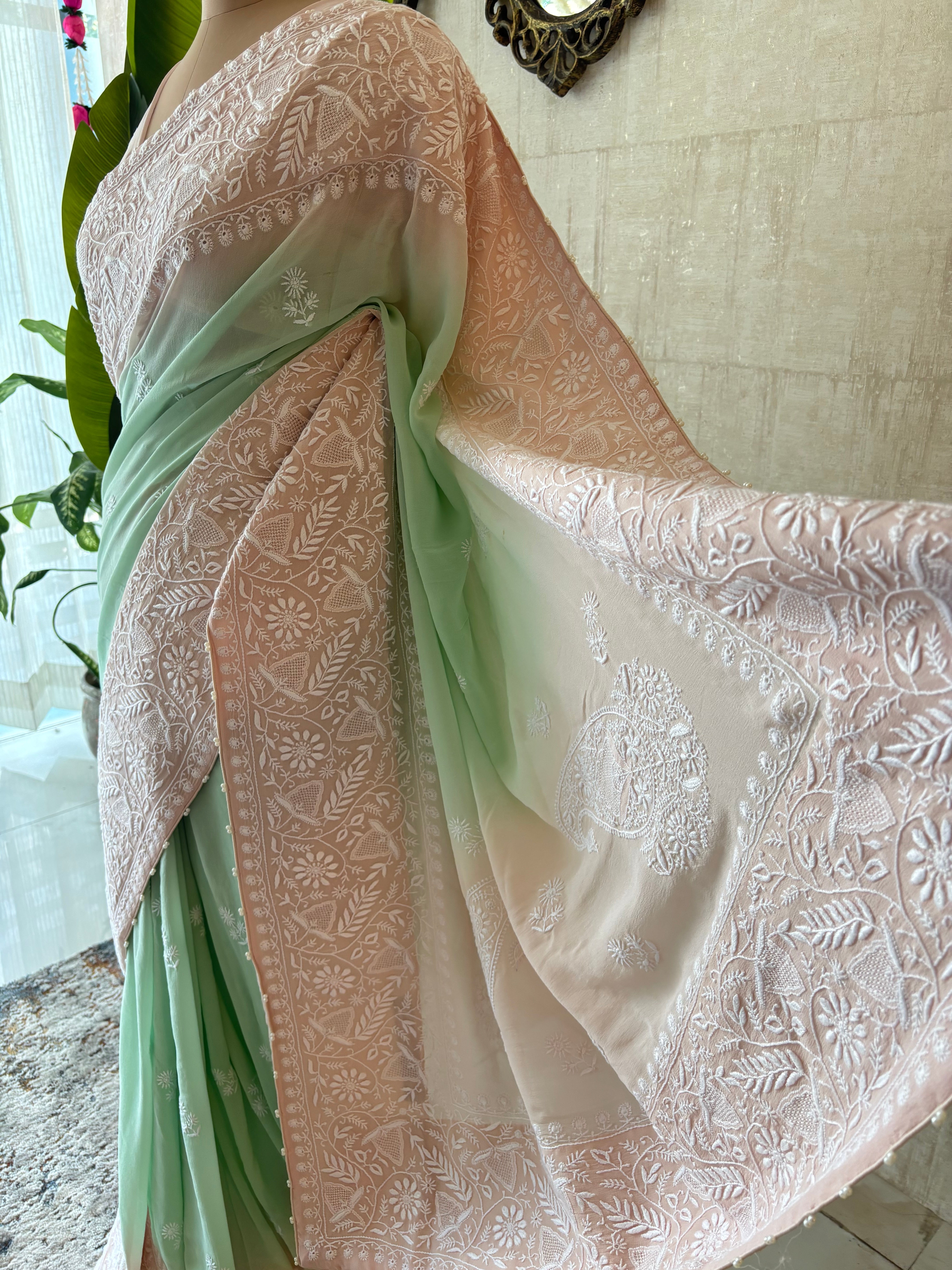Pink & Green Pure & Premium Georgette Chikankari Saree & Blouse