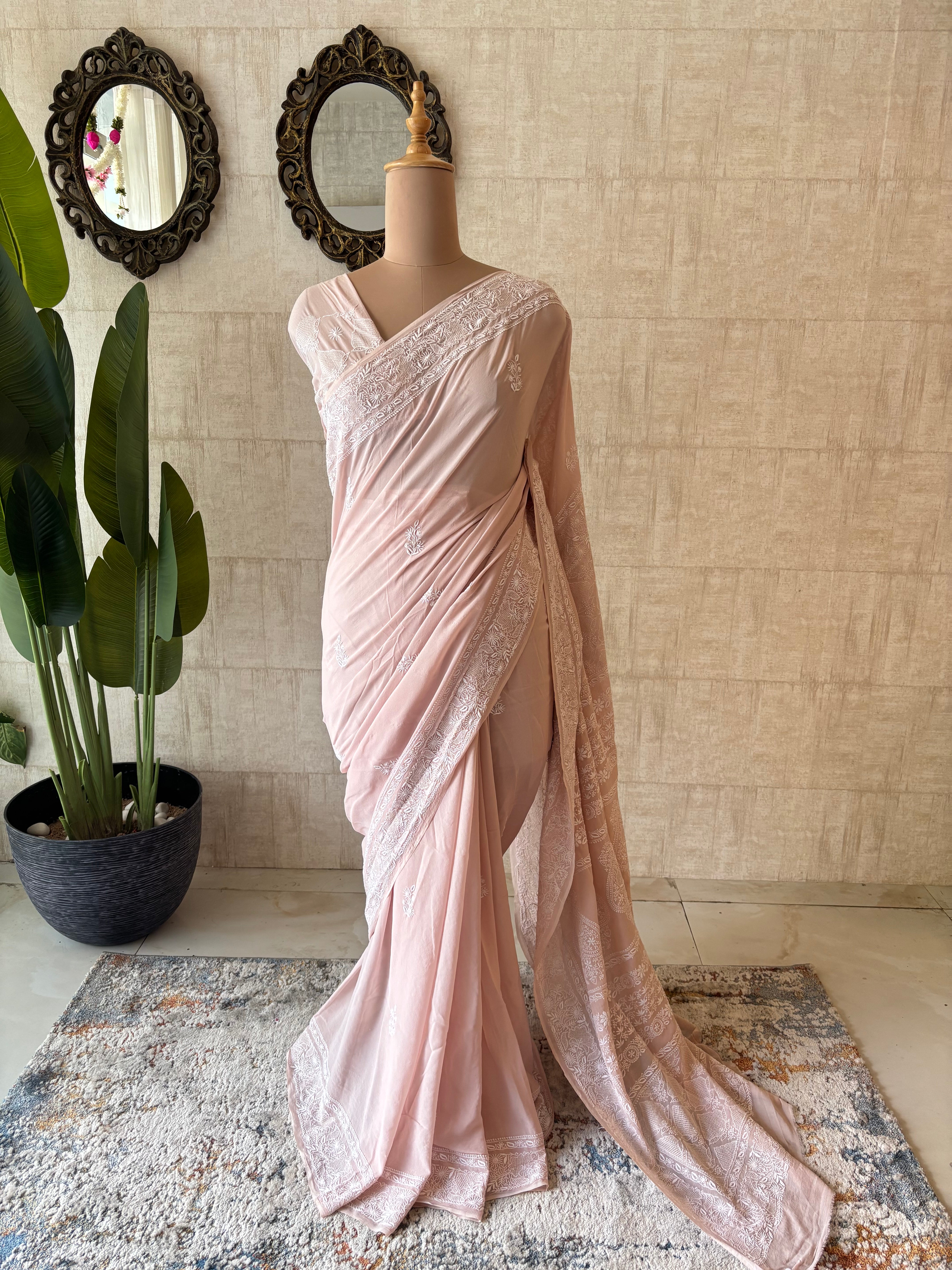 Peach Pure & Premium Georgette Chikankari Saree & Blouse