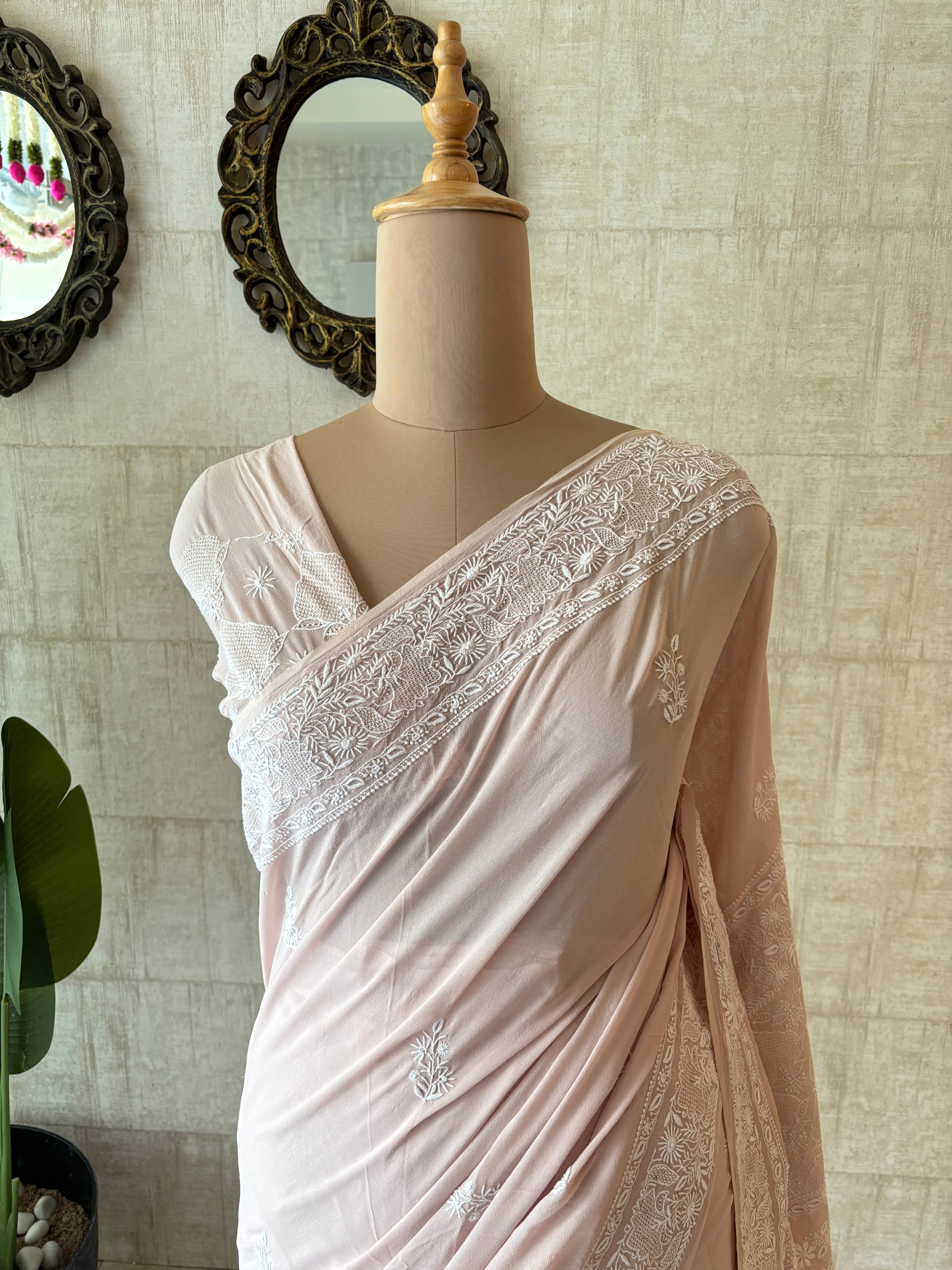 Peach Pure & Premium Georgette Chikankari Saree & Blouse