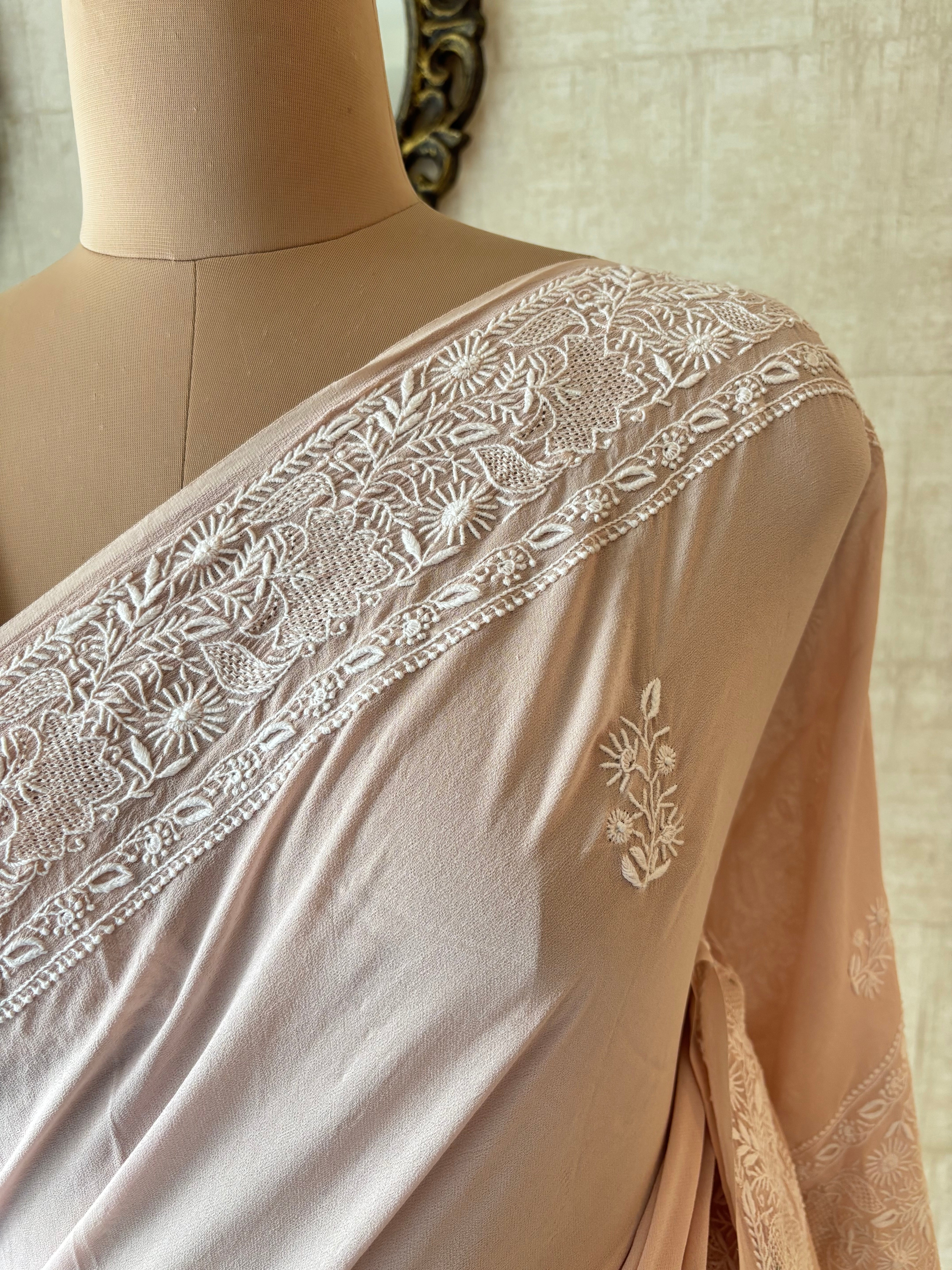 Peach Pure & Premium Georgette Chikankari Saree & Blouse