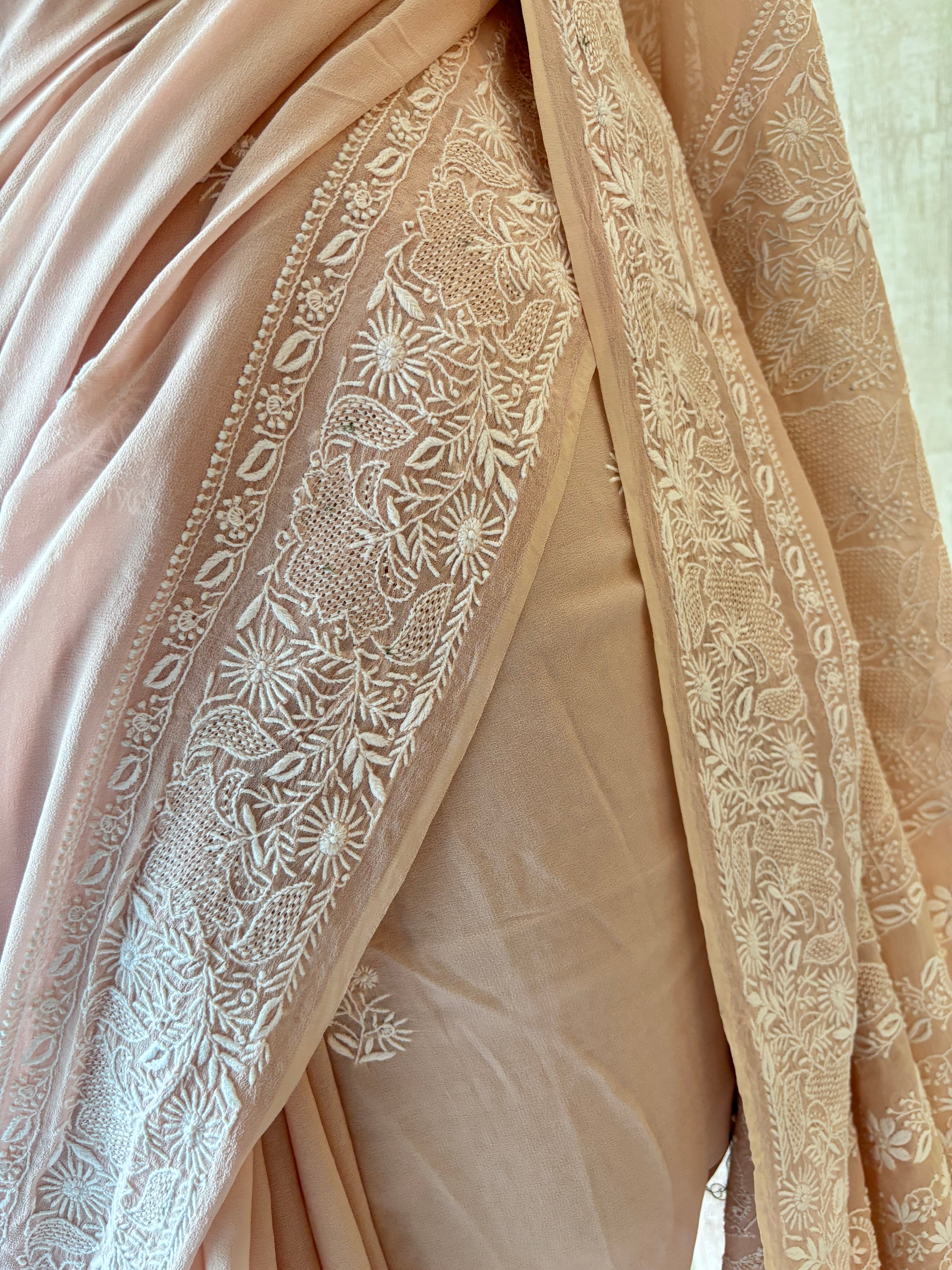 Peach Pure & Premium Georgette Chikankari Saree & Blouse