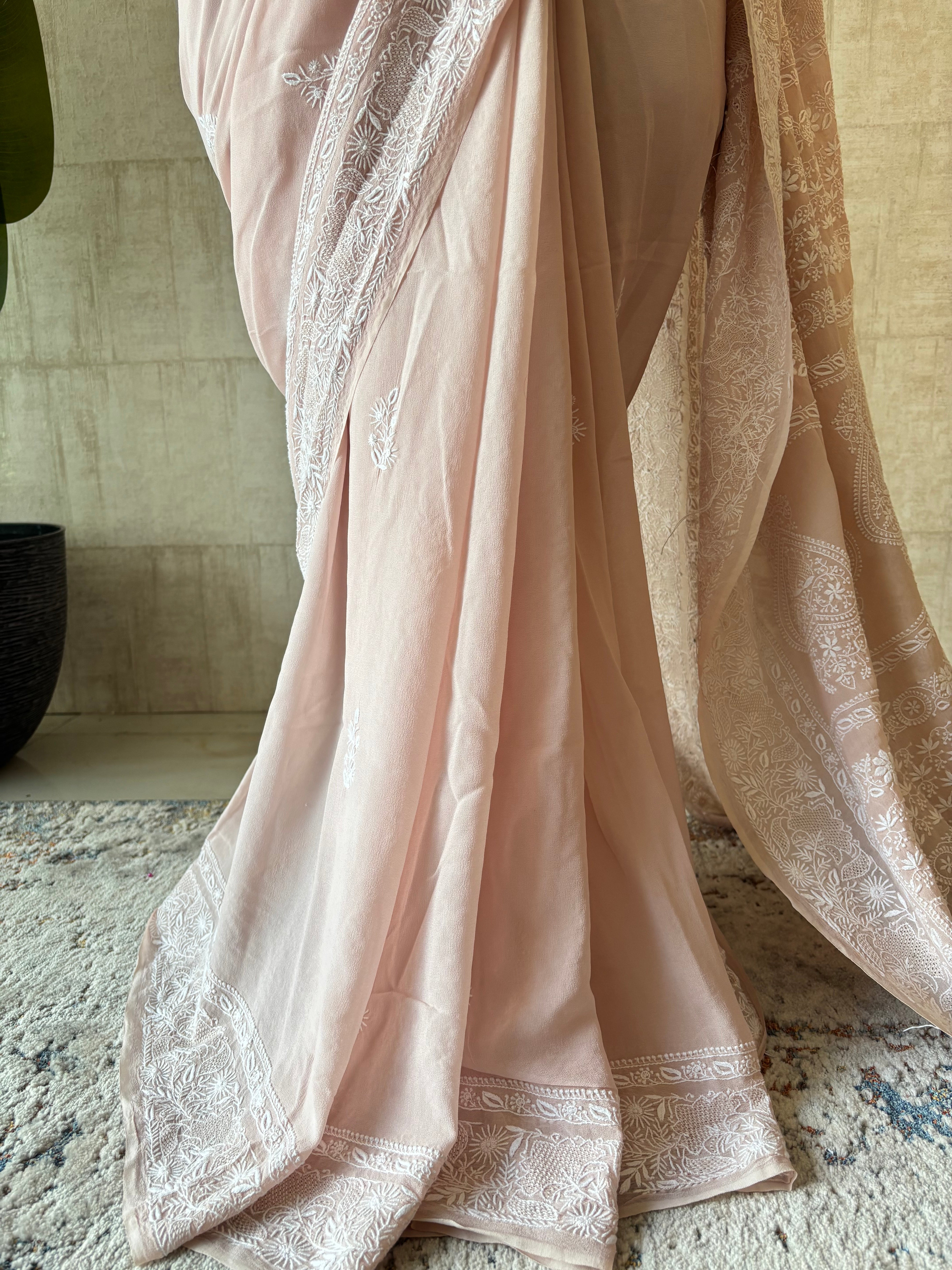 Peach Pure & Premium Georgette Chikankari Saree & Blouse