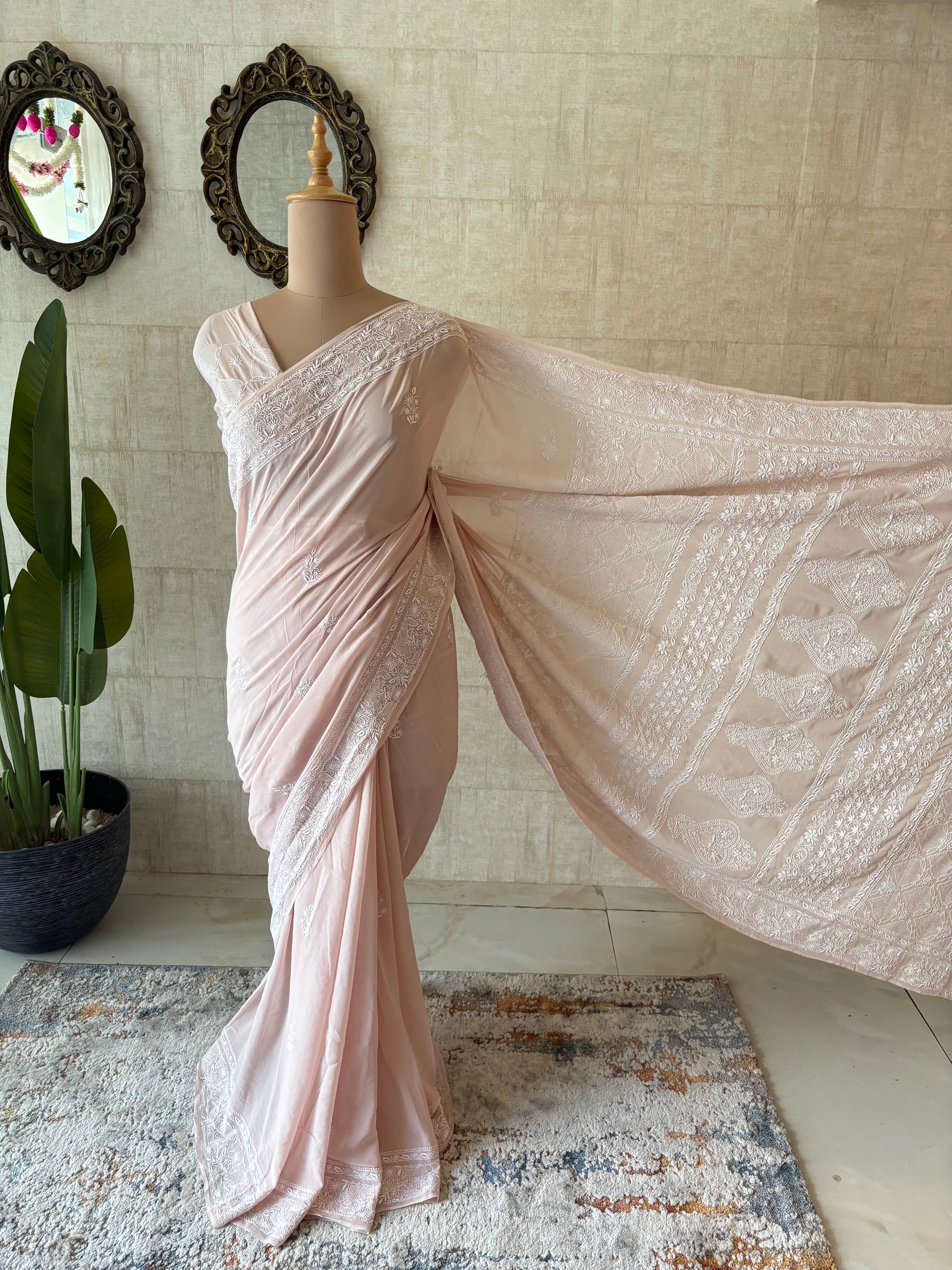 Peach Pure & Premium Georgette Chikankari Saree & Blouse