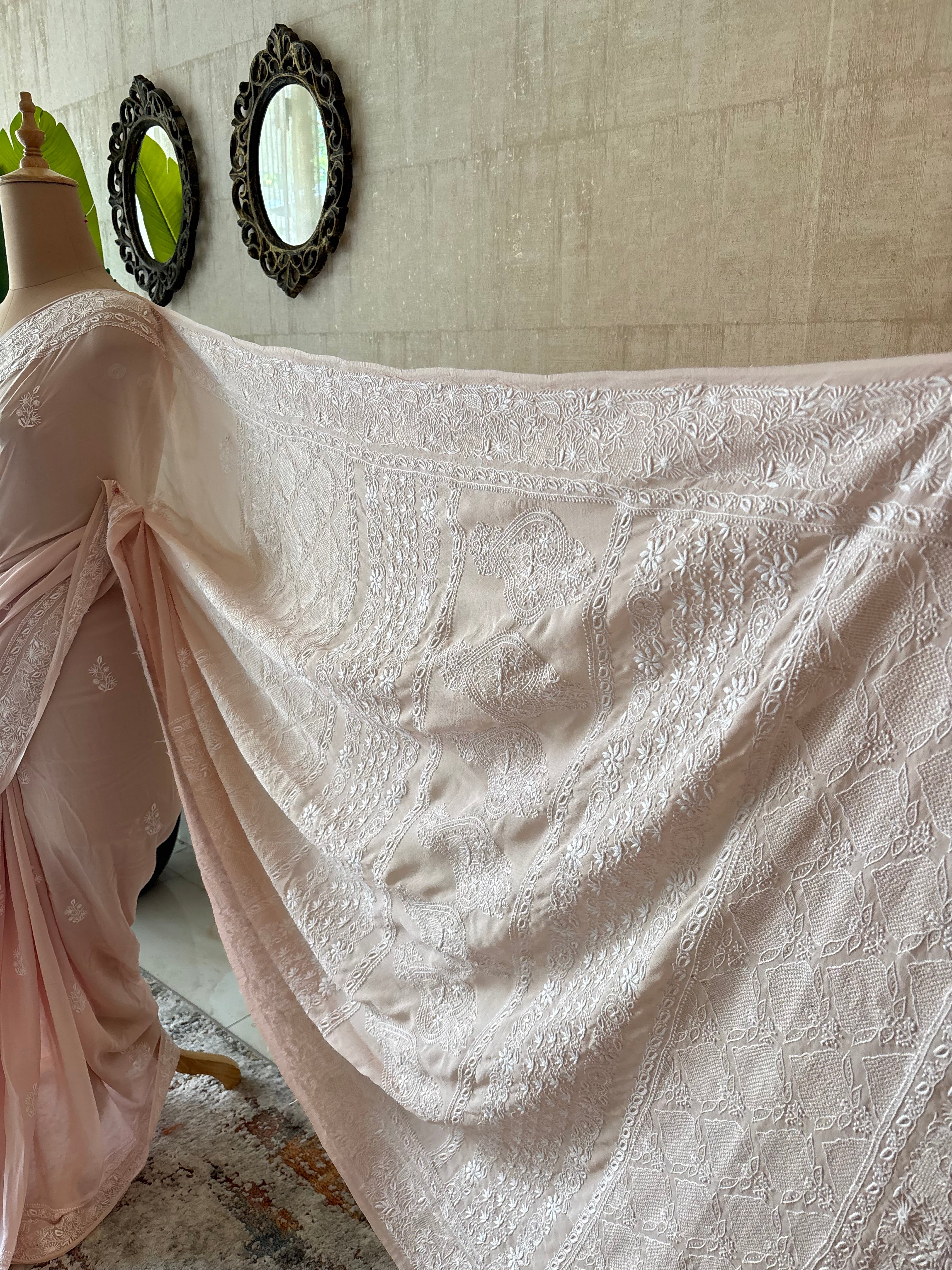 Peach Pure & Premium Georgette Chikankari Saree & Blouse