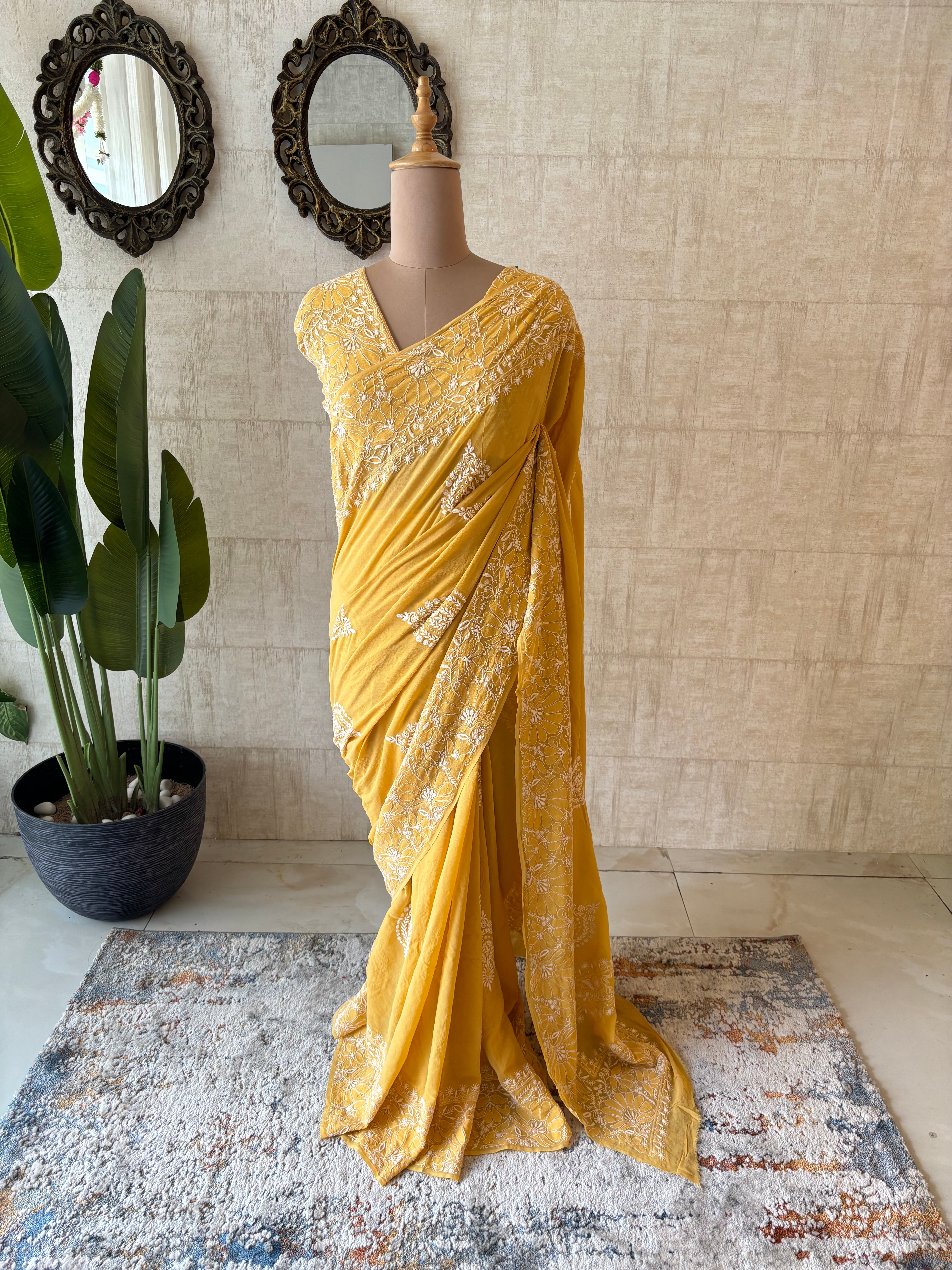 Yellow Pure & Premium Georgette Chikankari Saree & Blouse