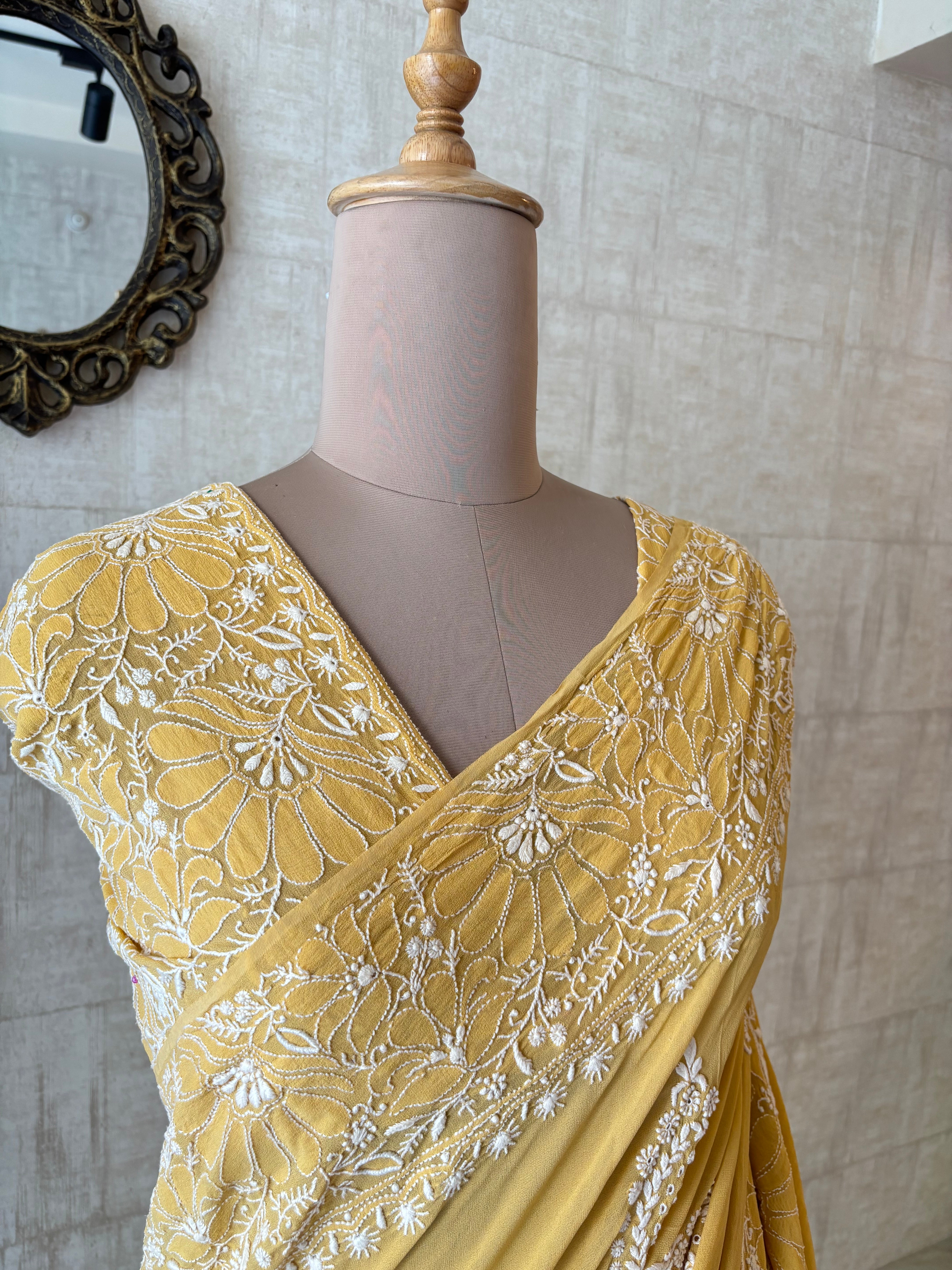 Yellow Pure & Premium Georgette Chikankari Saree & Blouse