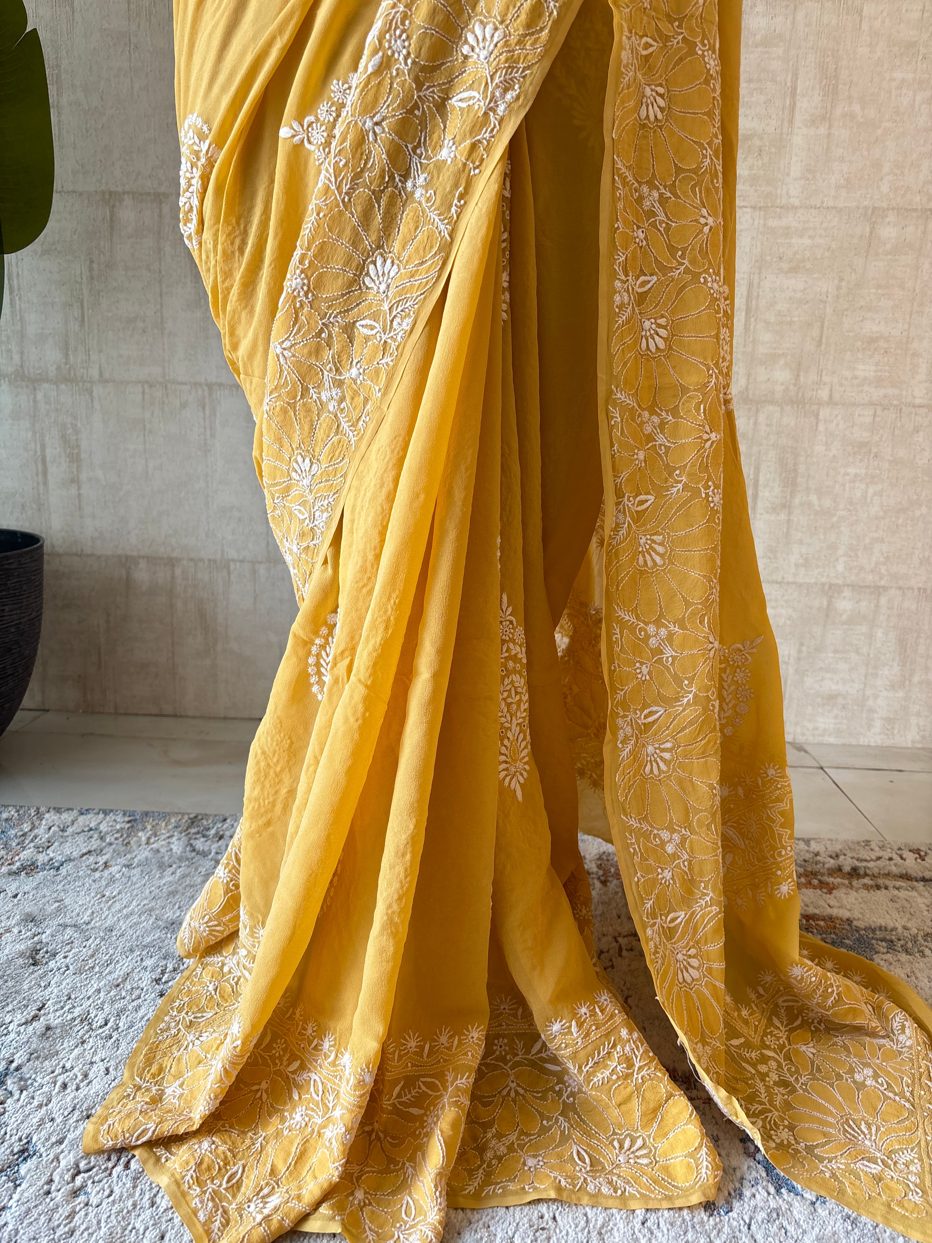 Yellow Pure & Premium Georgette Chikankari Saree & Blouse