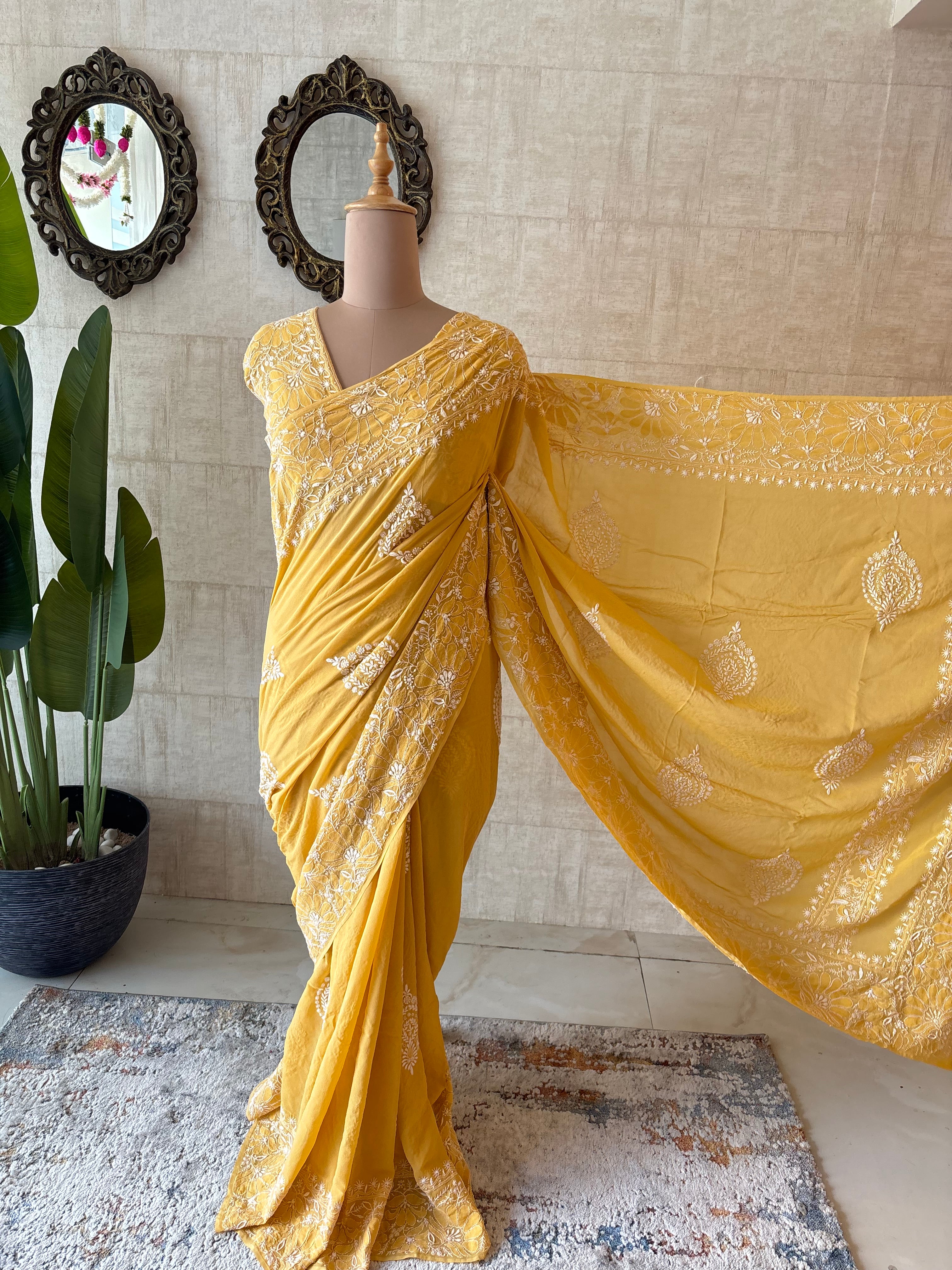 Yellow Pure & Premium Georgette Chikankari Saree & Blouse