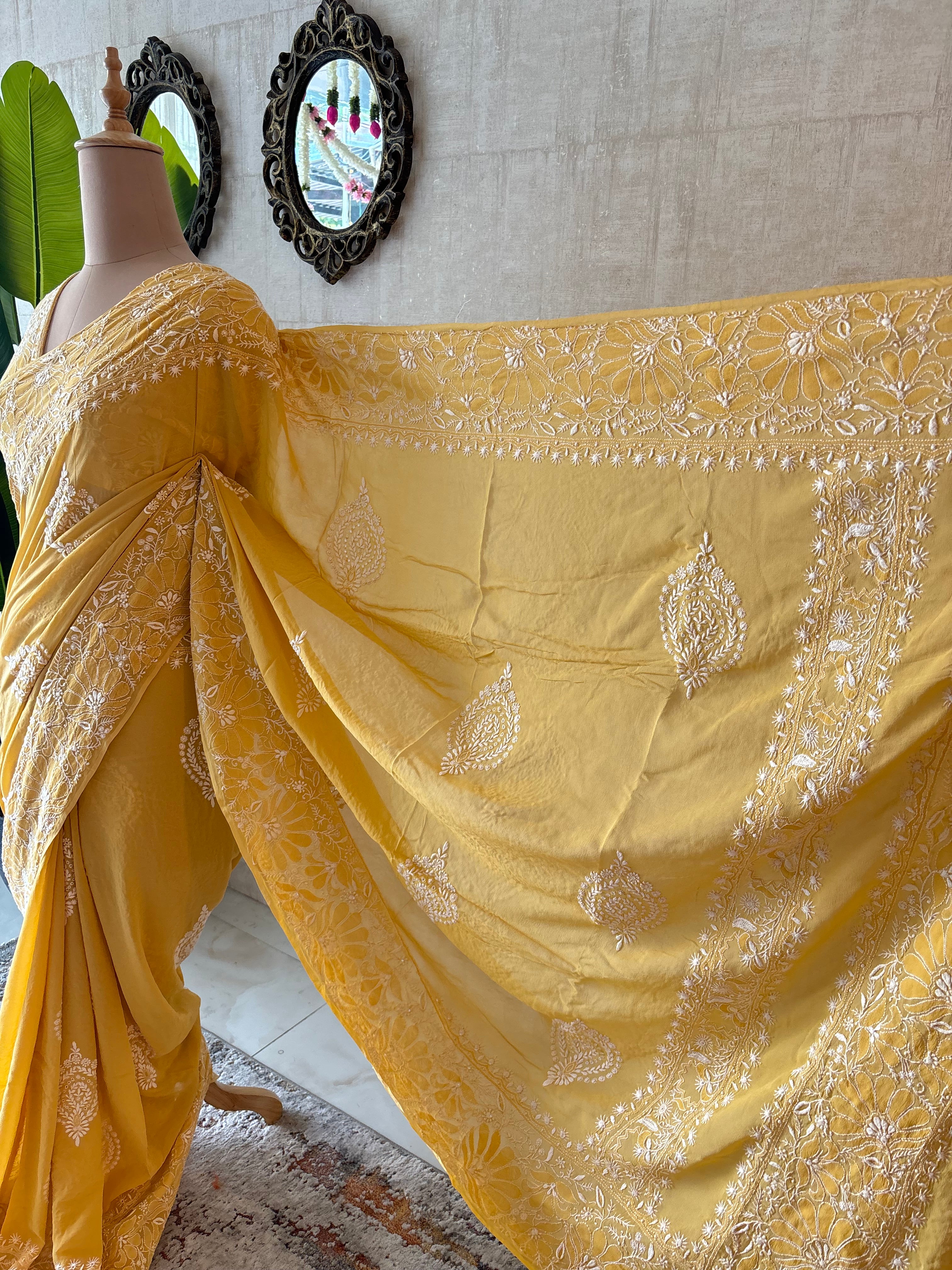 Yellow Pure & Premium Georgette Chikankari Saree & Blouse
