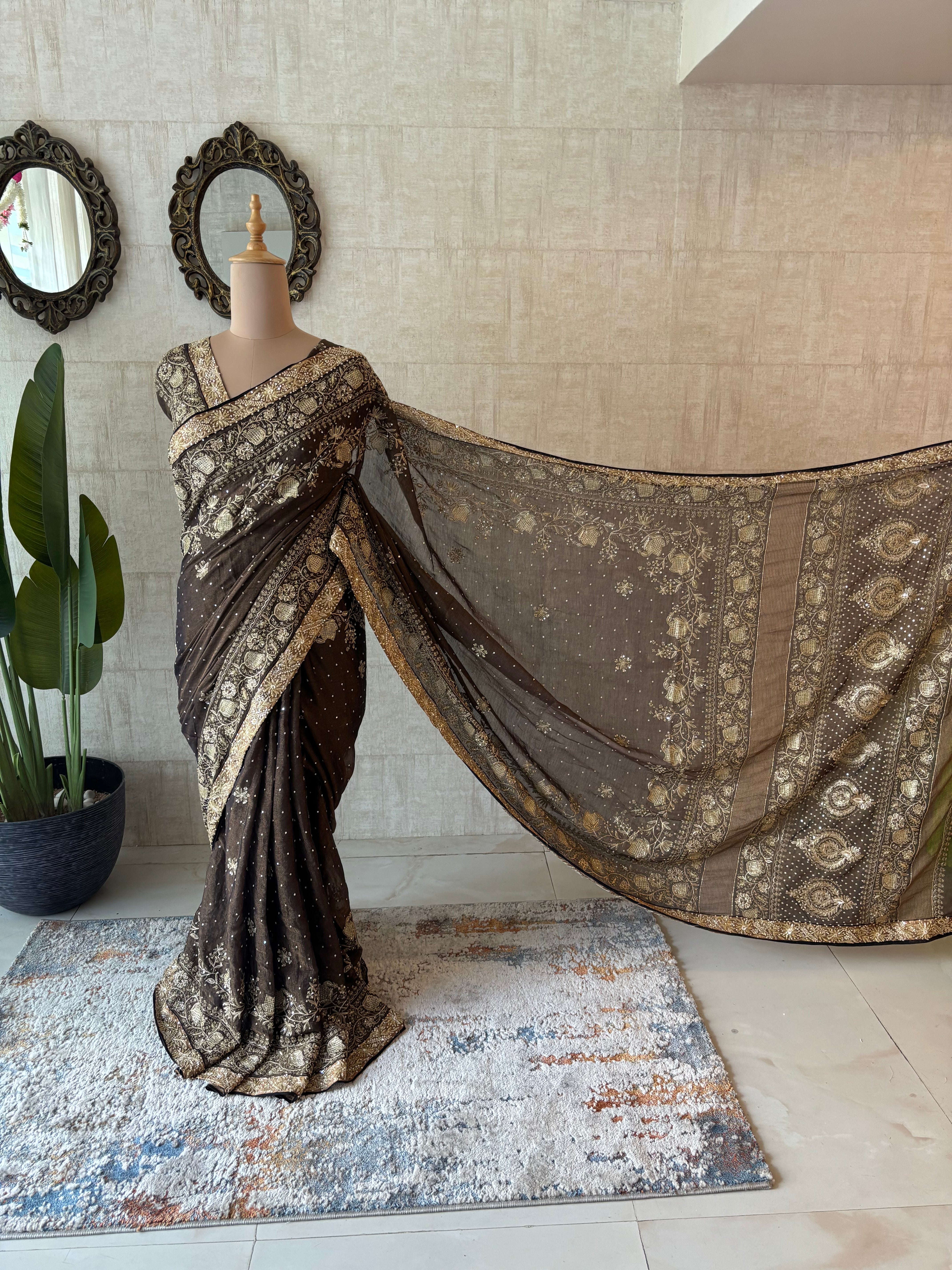 Black Pure & Premium Tissue Chikankari Saree & Blouse