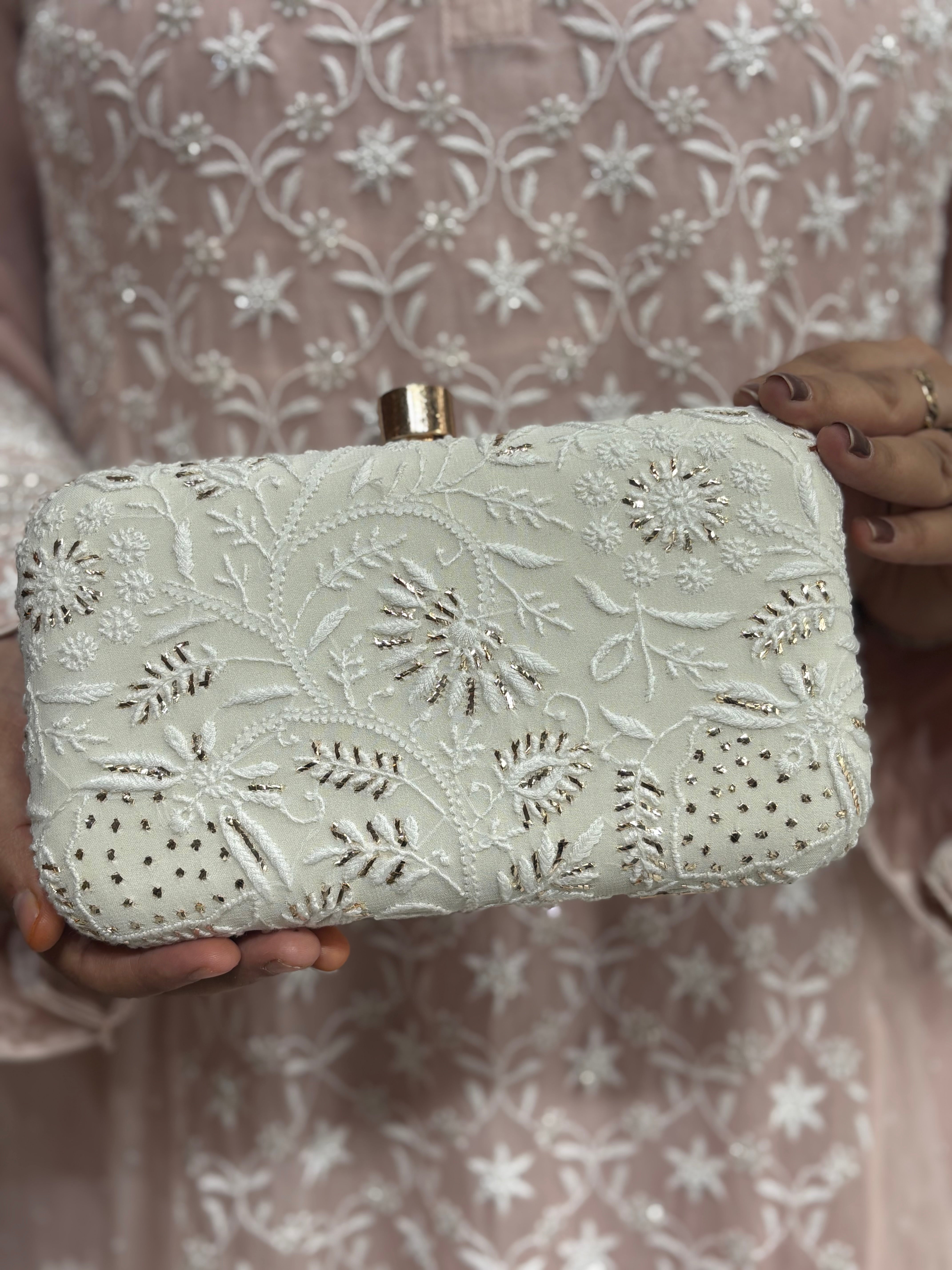 Off White Silk Chikankari Mukaish Clutch
