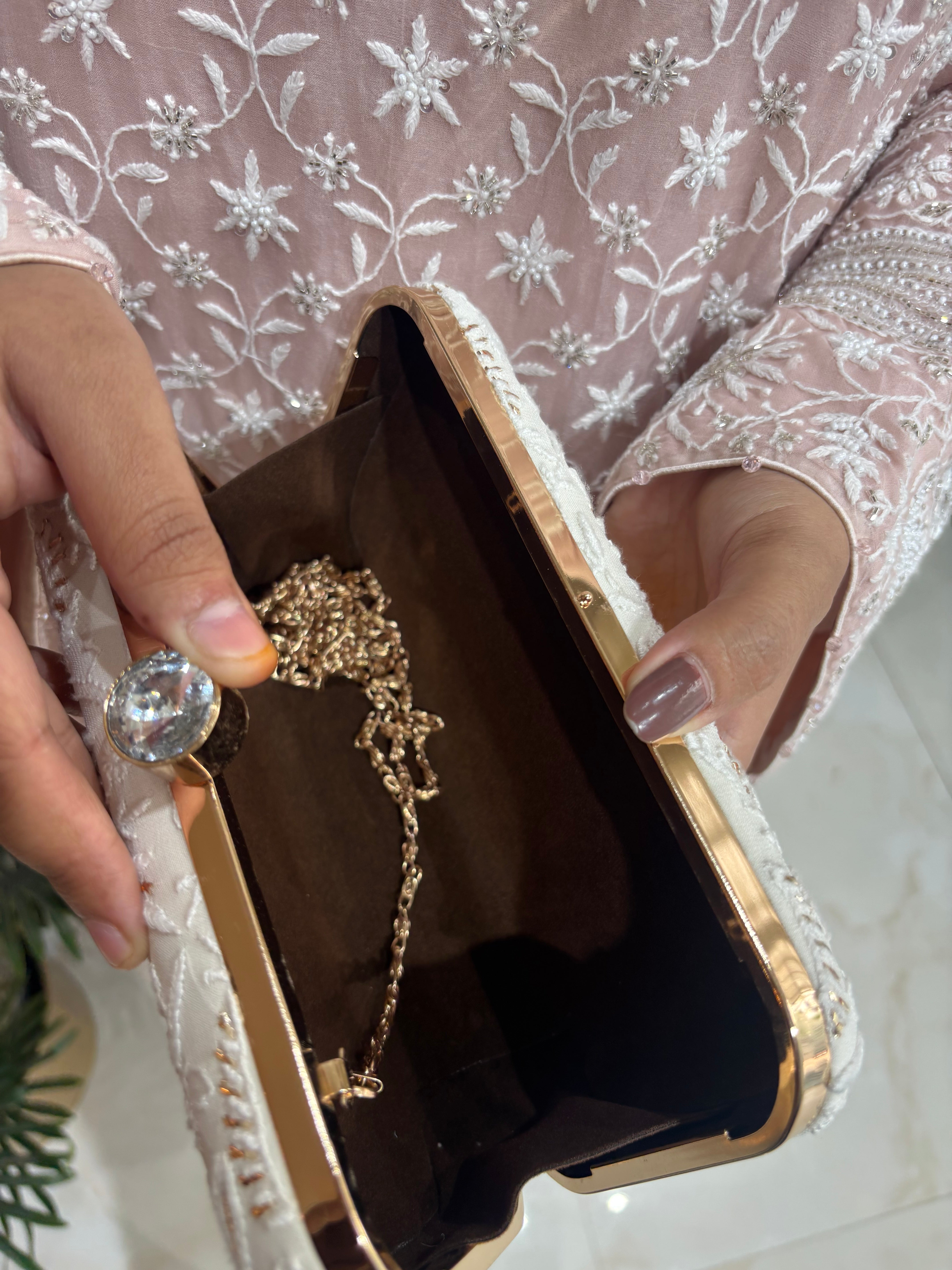 Off White Silk Chikankari Mukaish Clutch