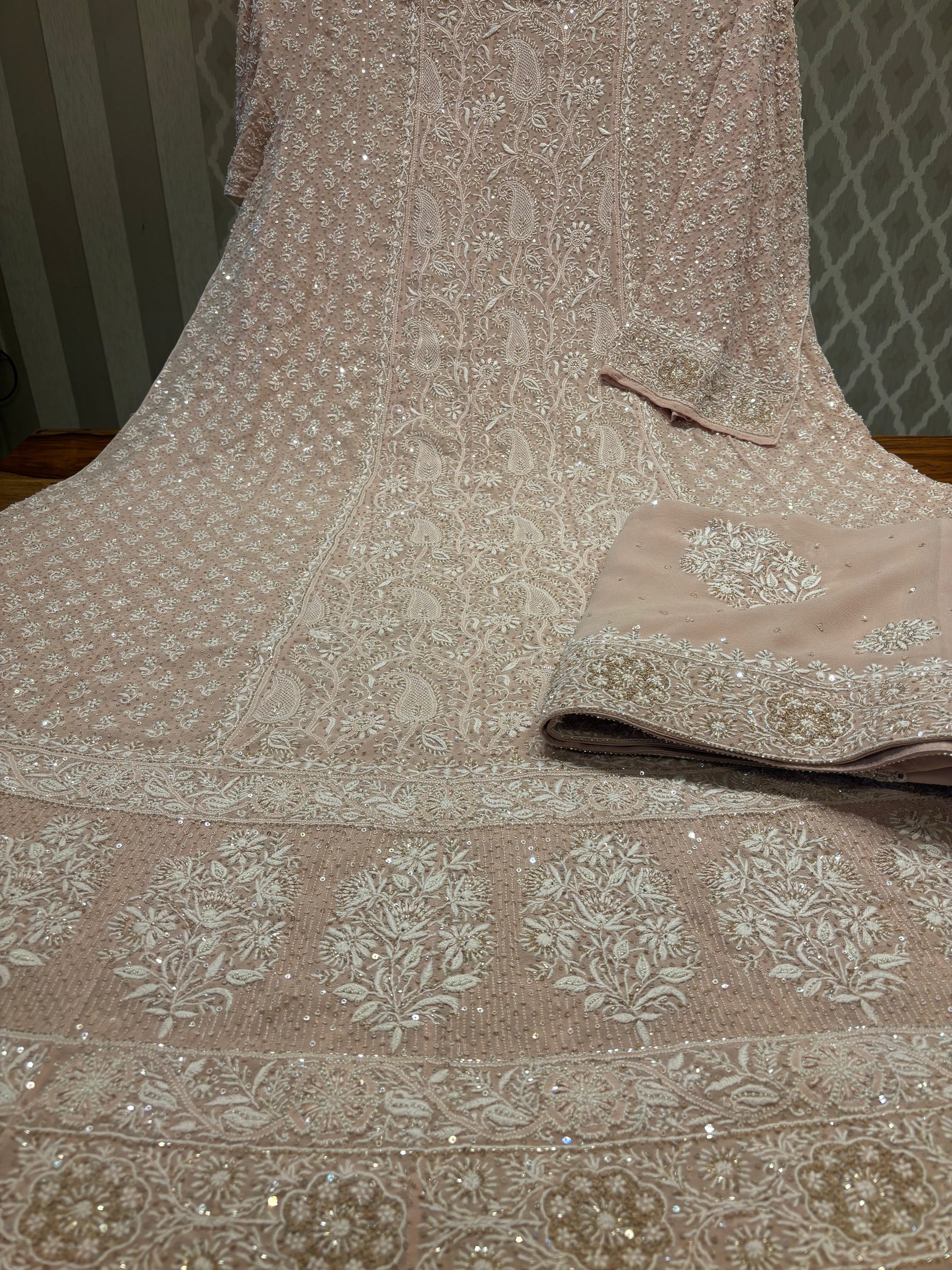 Nude Peach Pure Georgette Chikankari Anarkali and Dupatta