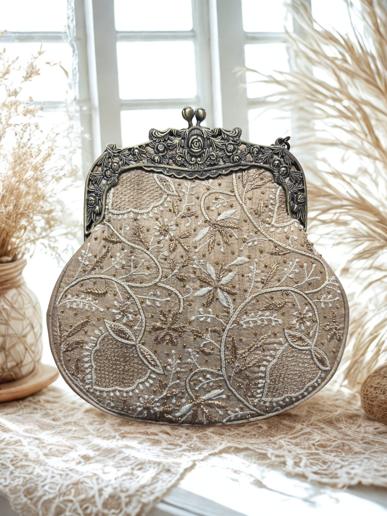 Beige Chikankari Clutch