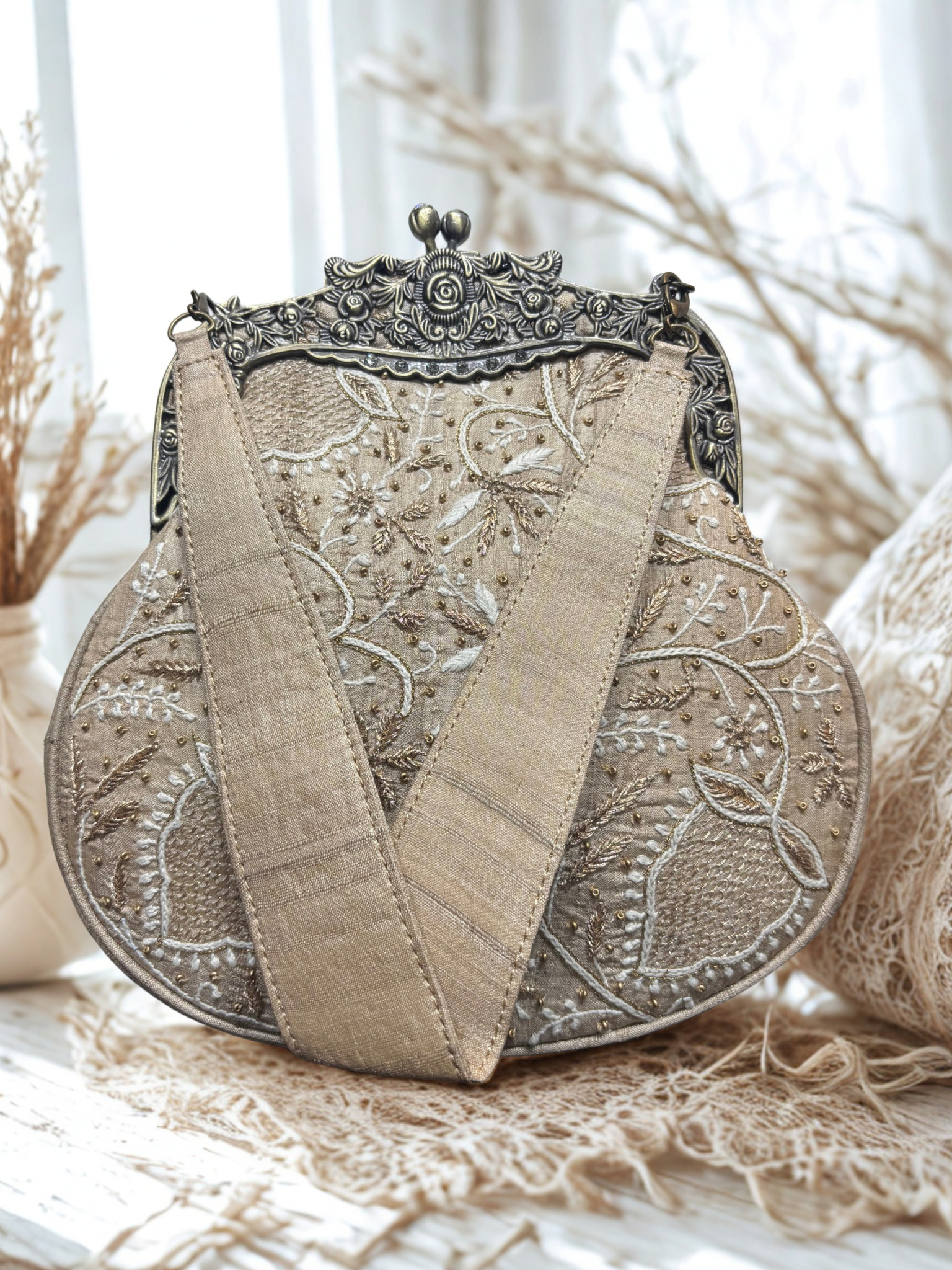 Beige Chikankari Clutch