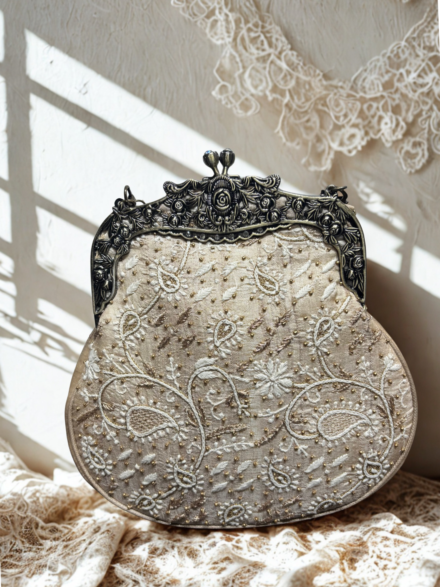Beige Chikankari Clutch