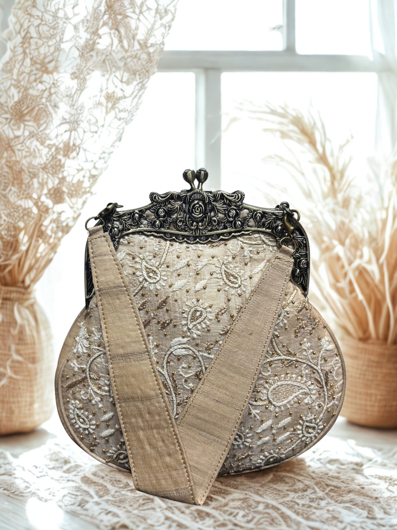 Beige Chikankari Clutch