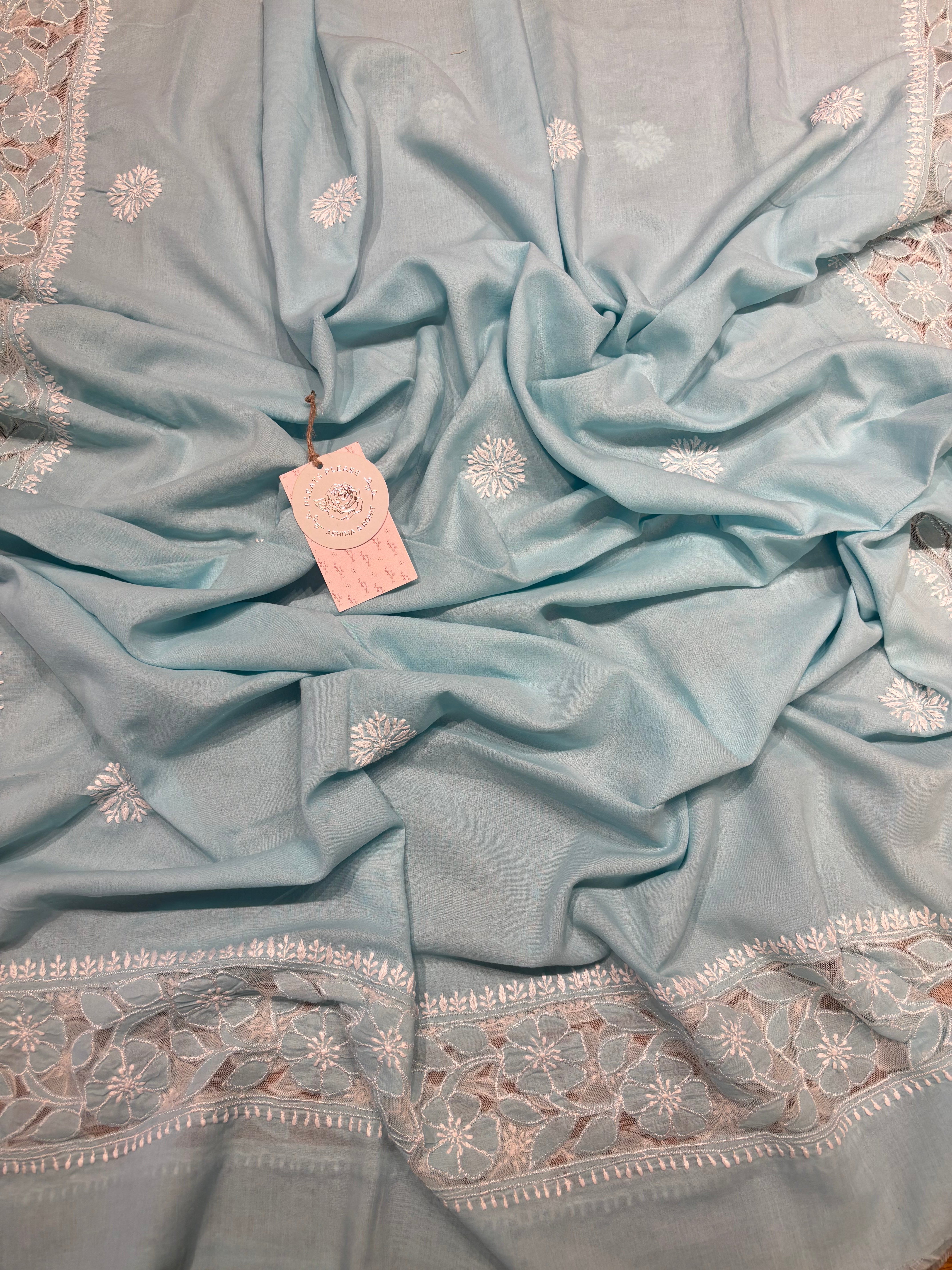 Blue Mul Soft Net Appliqué Chikankari Kurta and Dupatta Fabric
