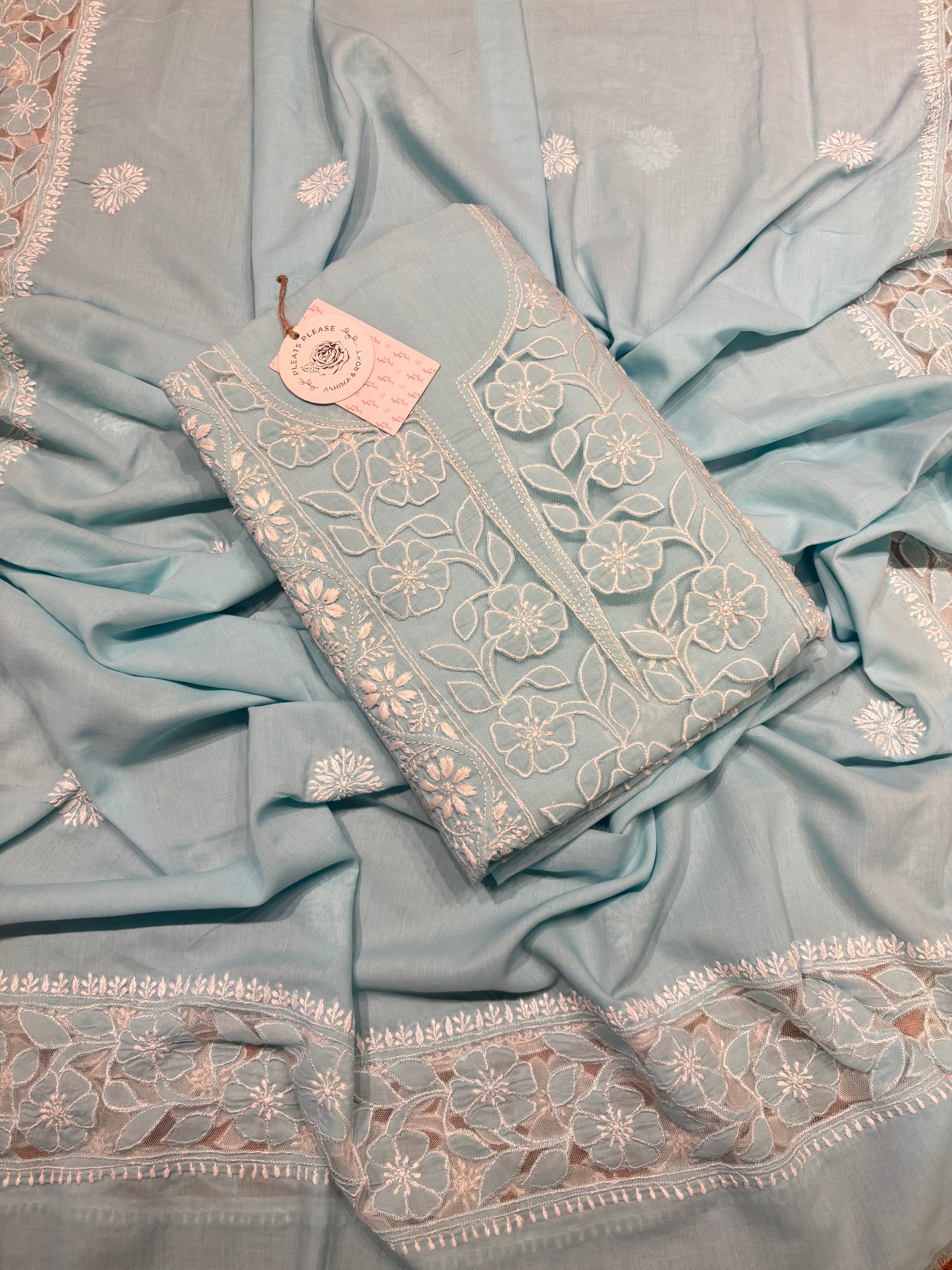 Blue Mul Soft Net Appliqué Chikankari Kurta and Dupatta Fabric