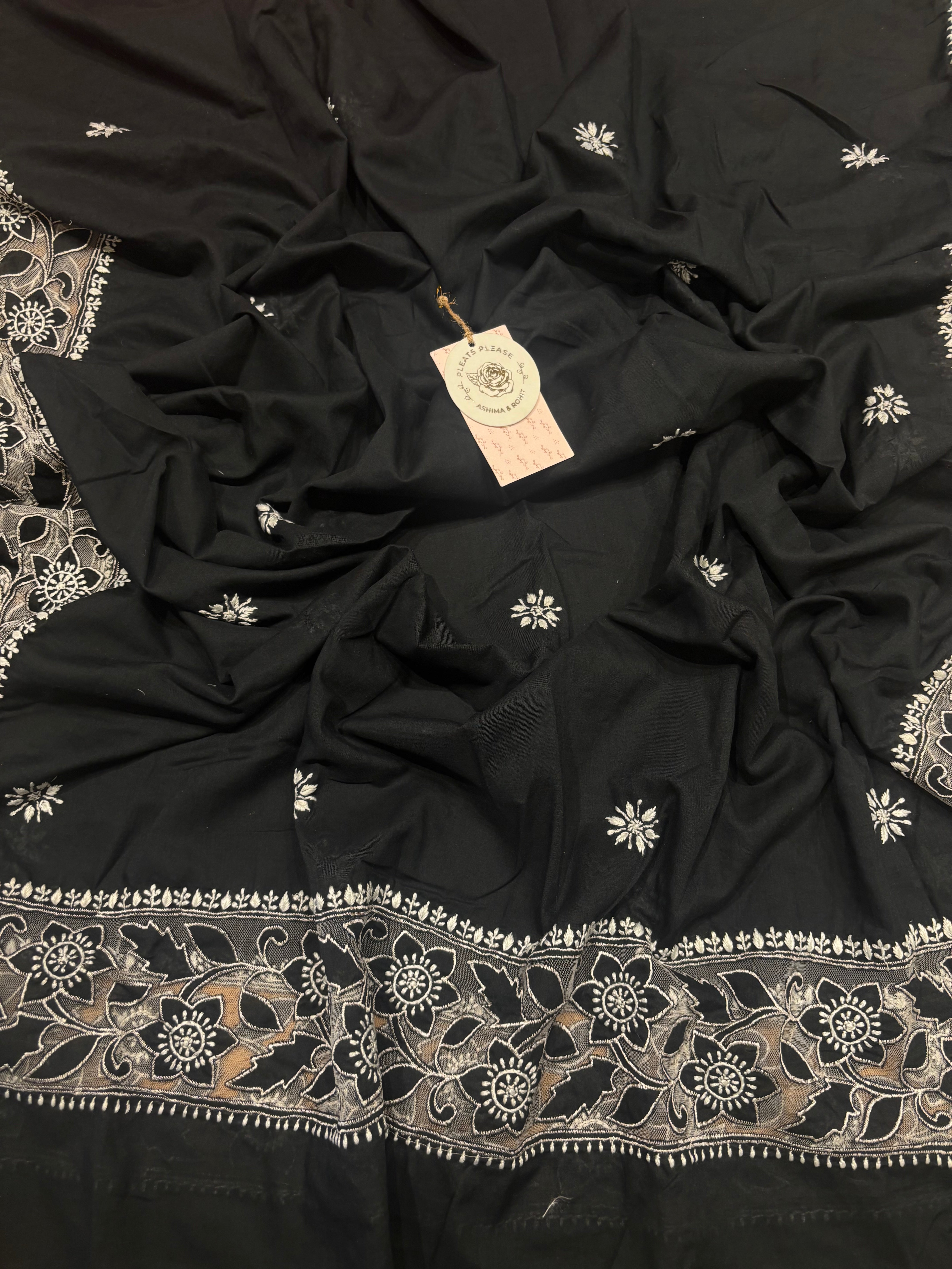 Black Mul Soft Net Chikankari Applique Kurta And Dupatta Fabric
