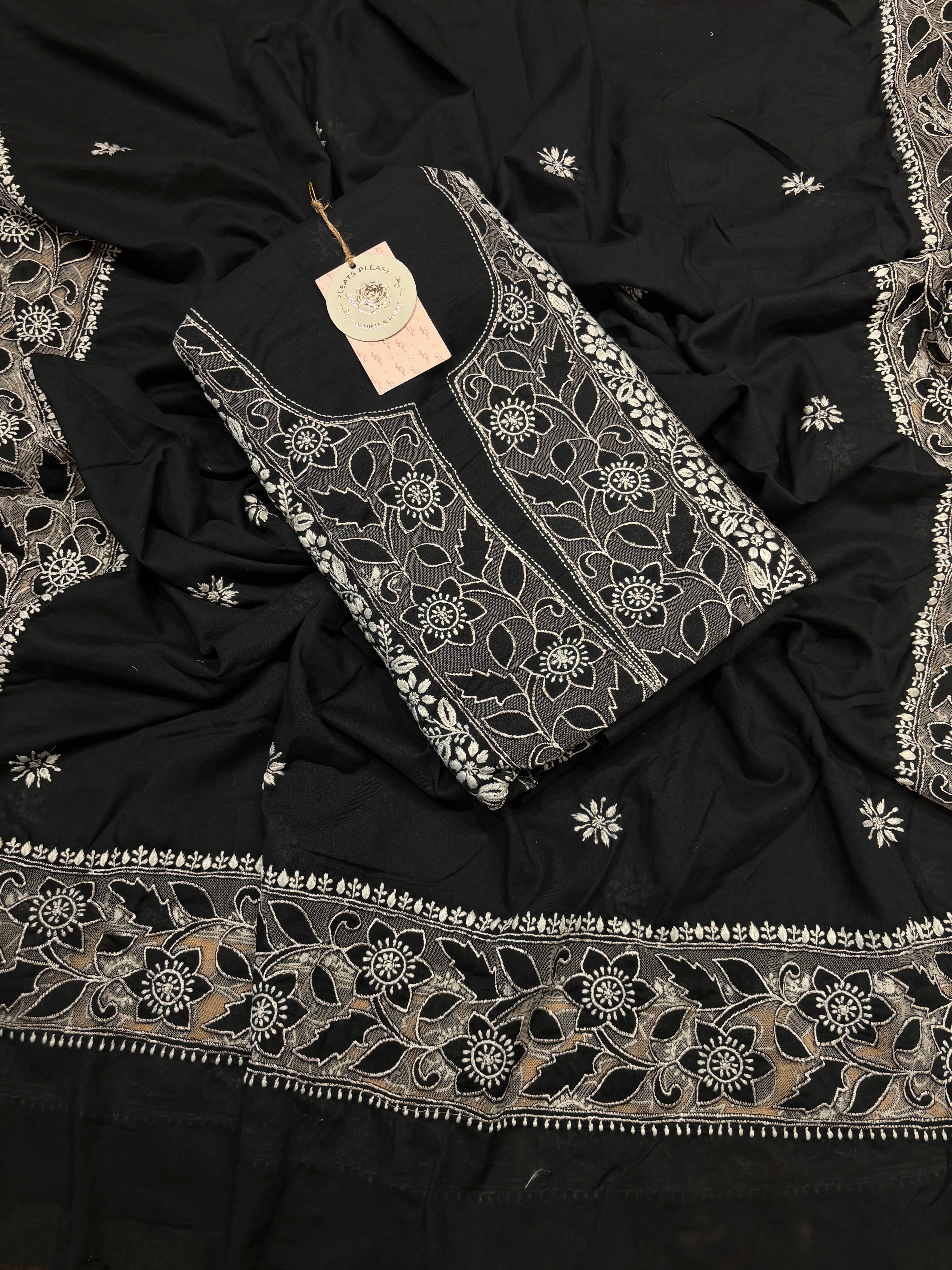 Black Mul Soft Net Chikankari Applique Kurta And Dupatta Fabric
