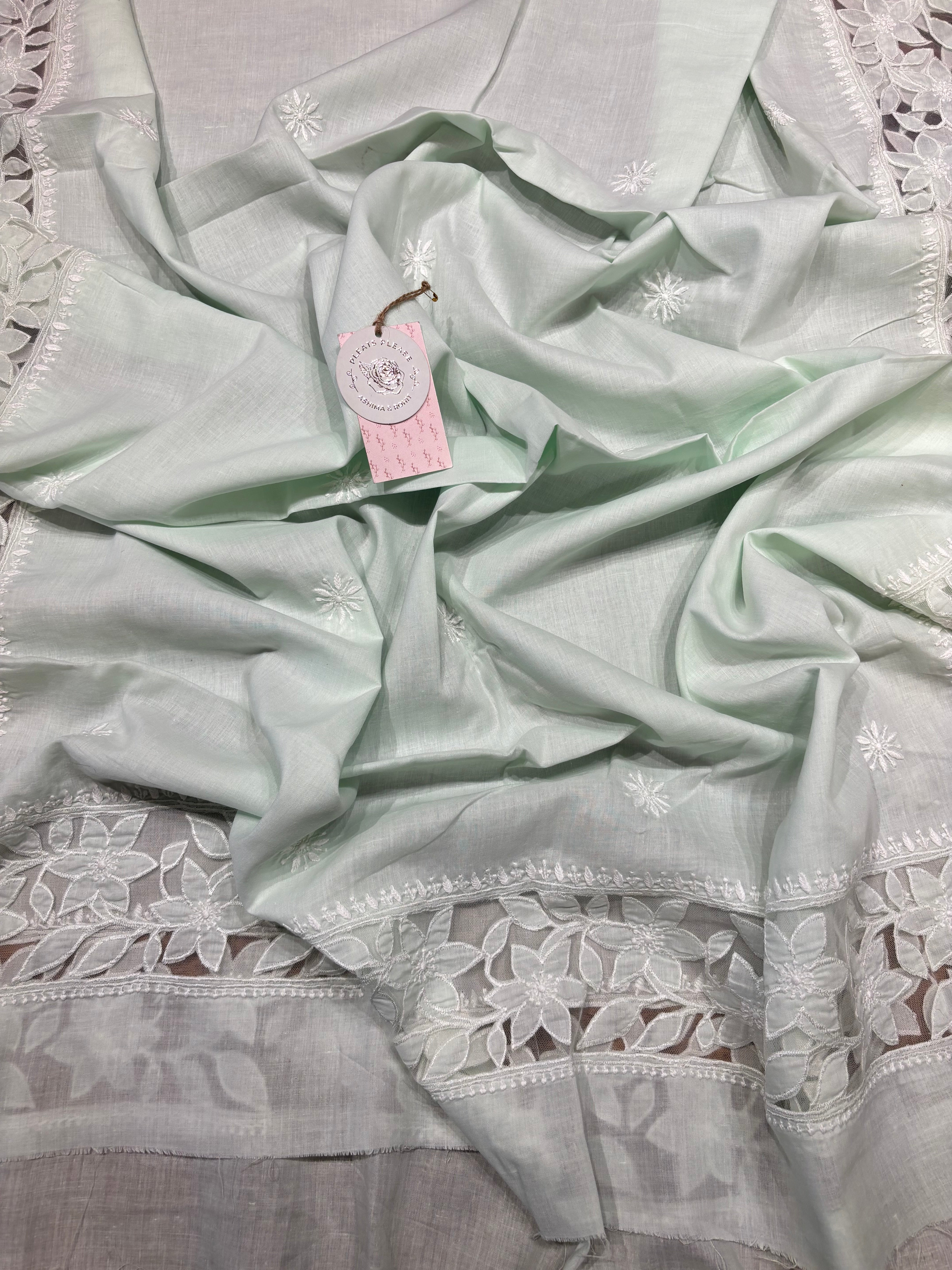 Sea Green Mulmul Soft Net Appliqué Chikankari Kurta And Dupatta Fabric