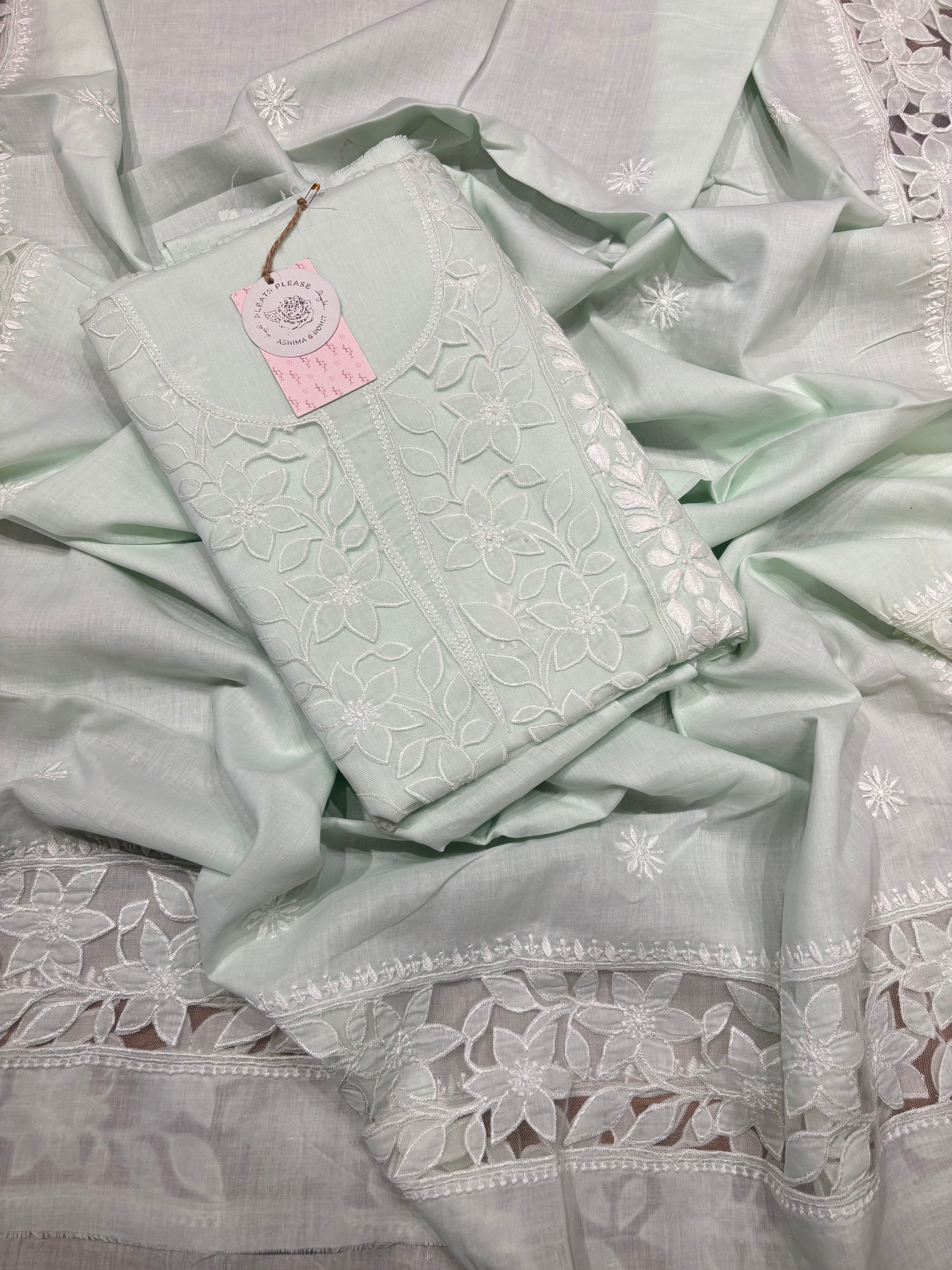Sea Green Mulmul Soft Net Appliqué Chikankari Kurta And Dupatta Fabric