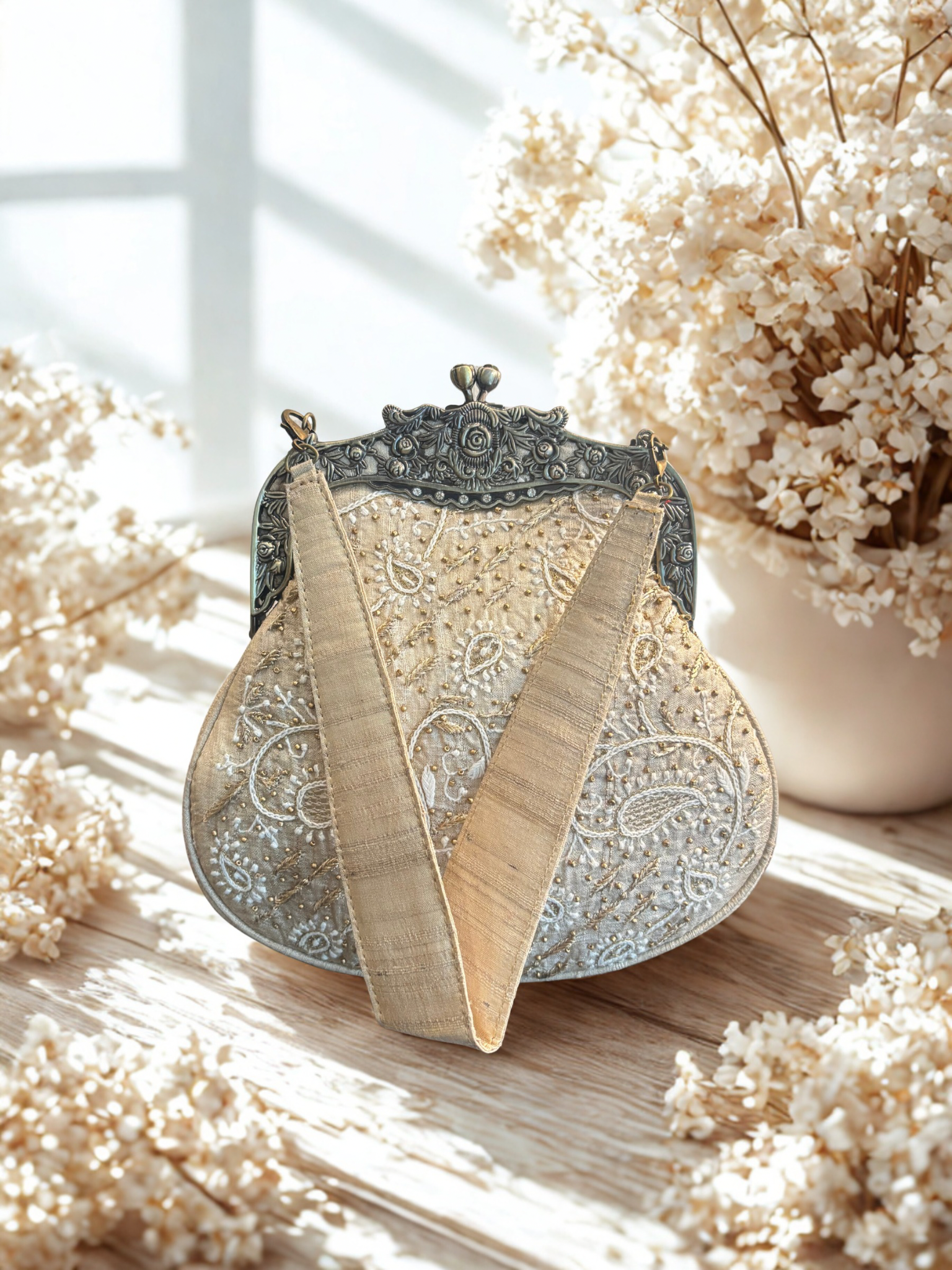 Beige Silk Chikankari Clutch