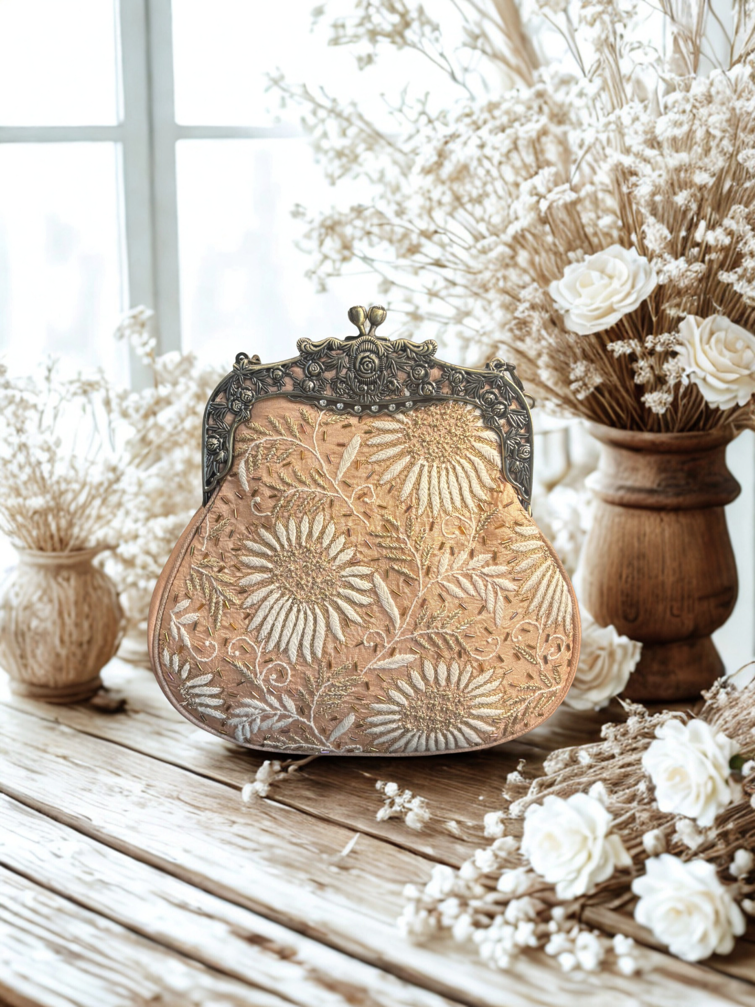Peach Chikankari Clutch Bag