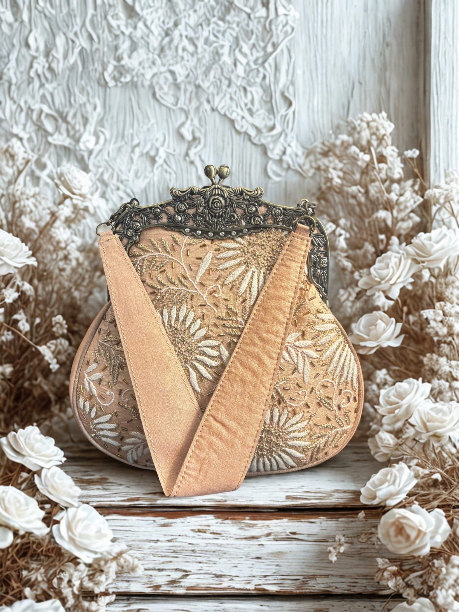 Peach Chikankari Clutch Bag
