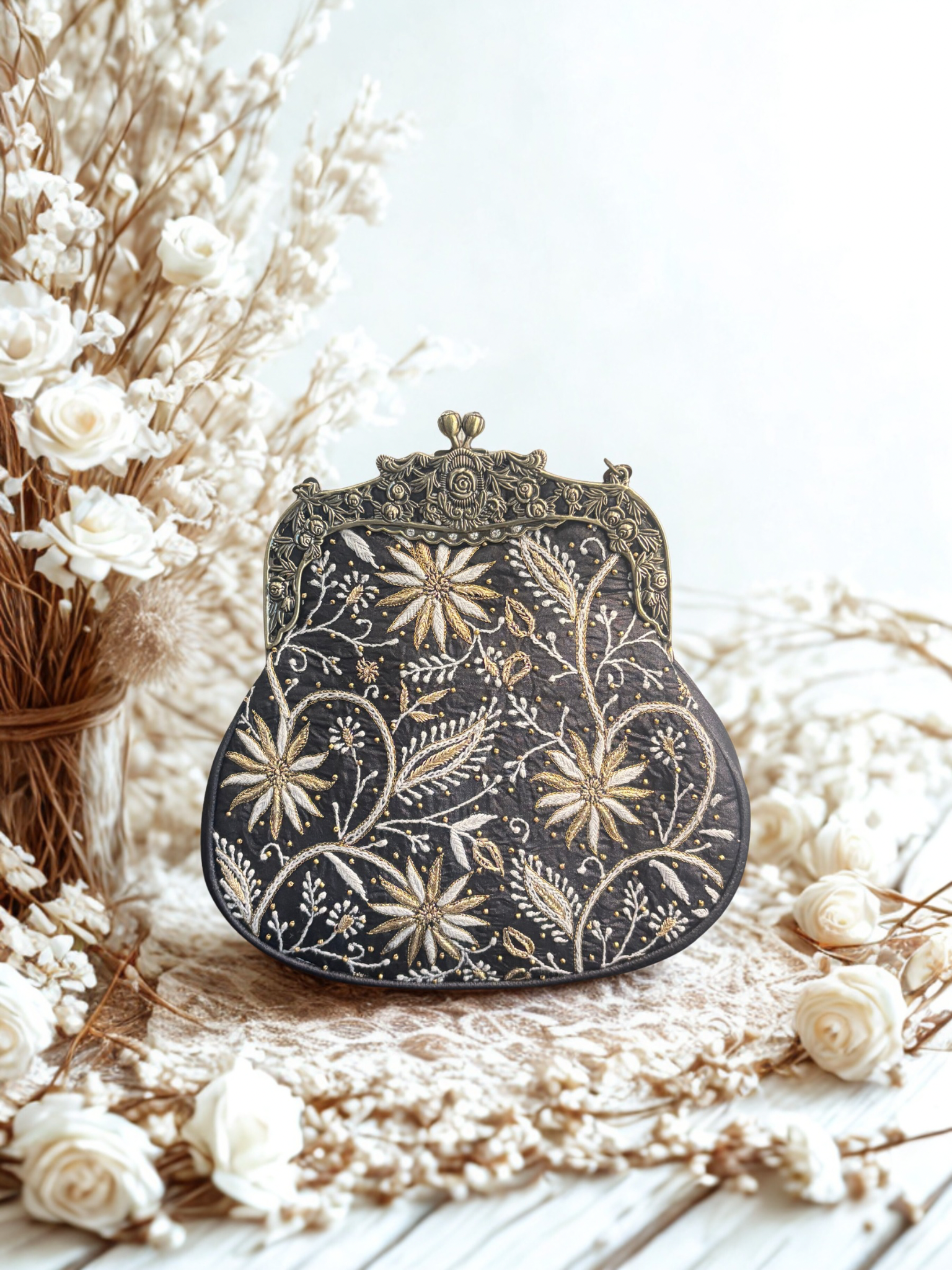 Black Silk Chikankari Clutch