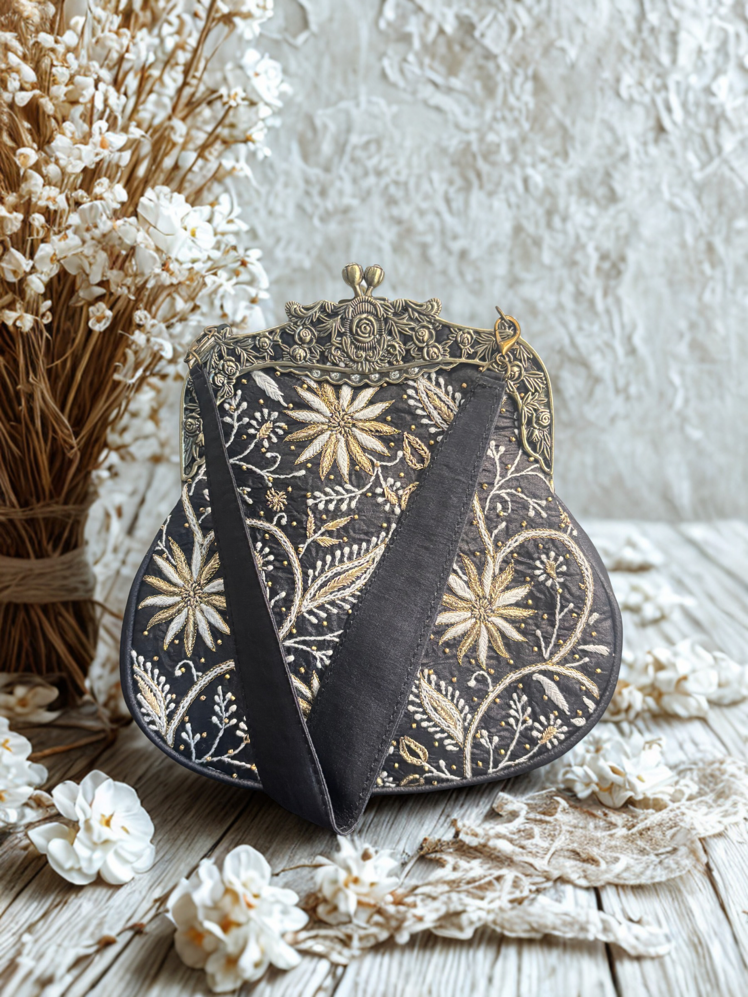 Black Silk Chikankari Clutch