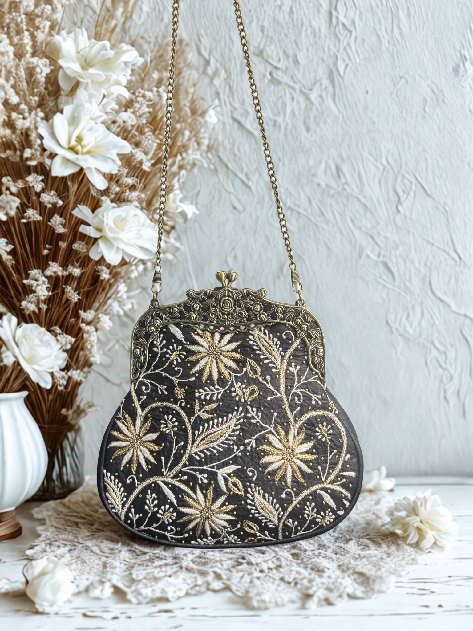 Black Silk Chikankari Clutch