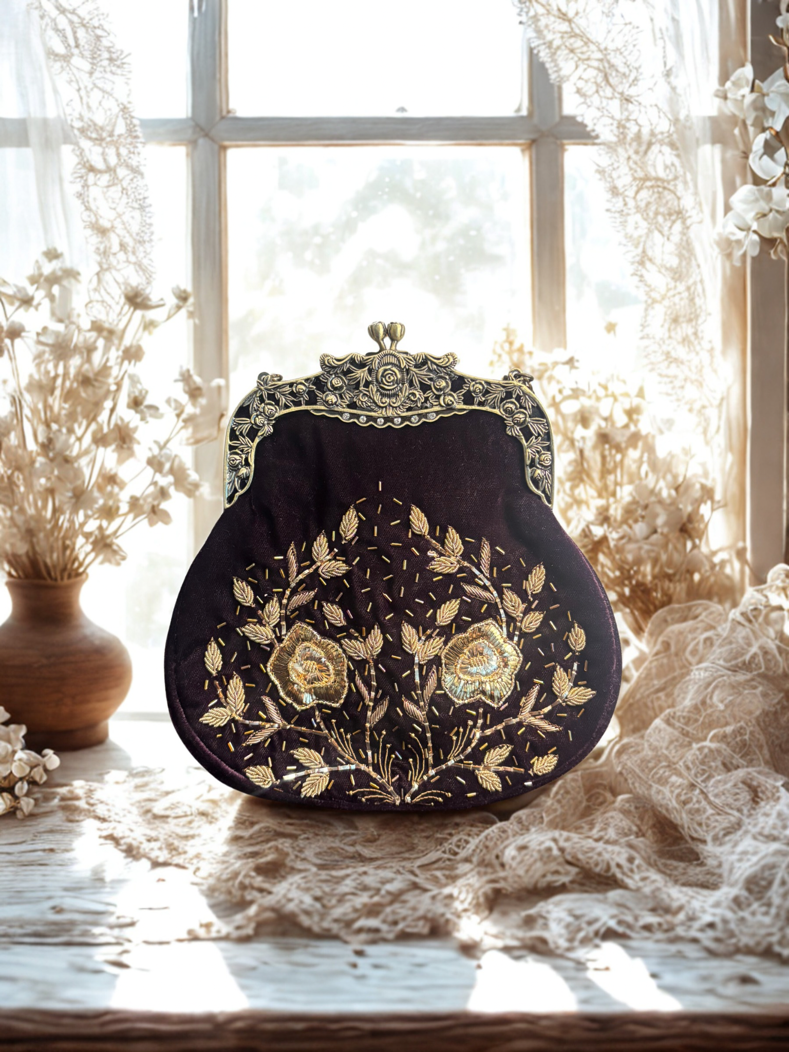 Windsor Wine Velvet Mukaish Clutch