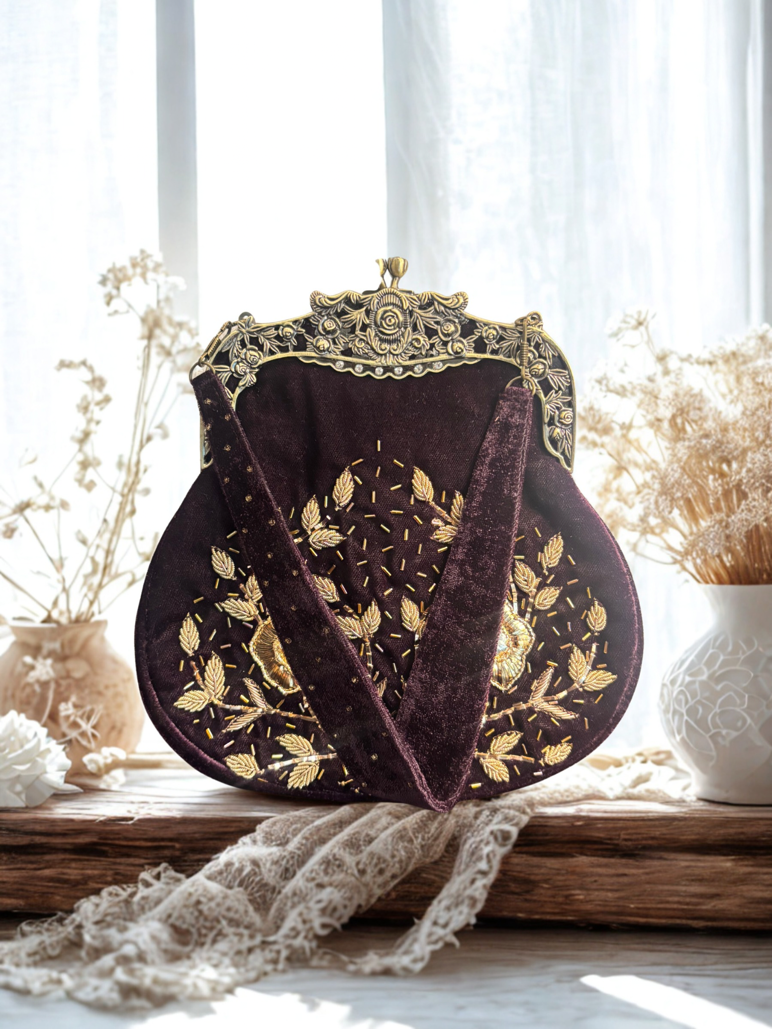 Windsor Wine Velvet Mukaish Clutch