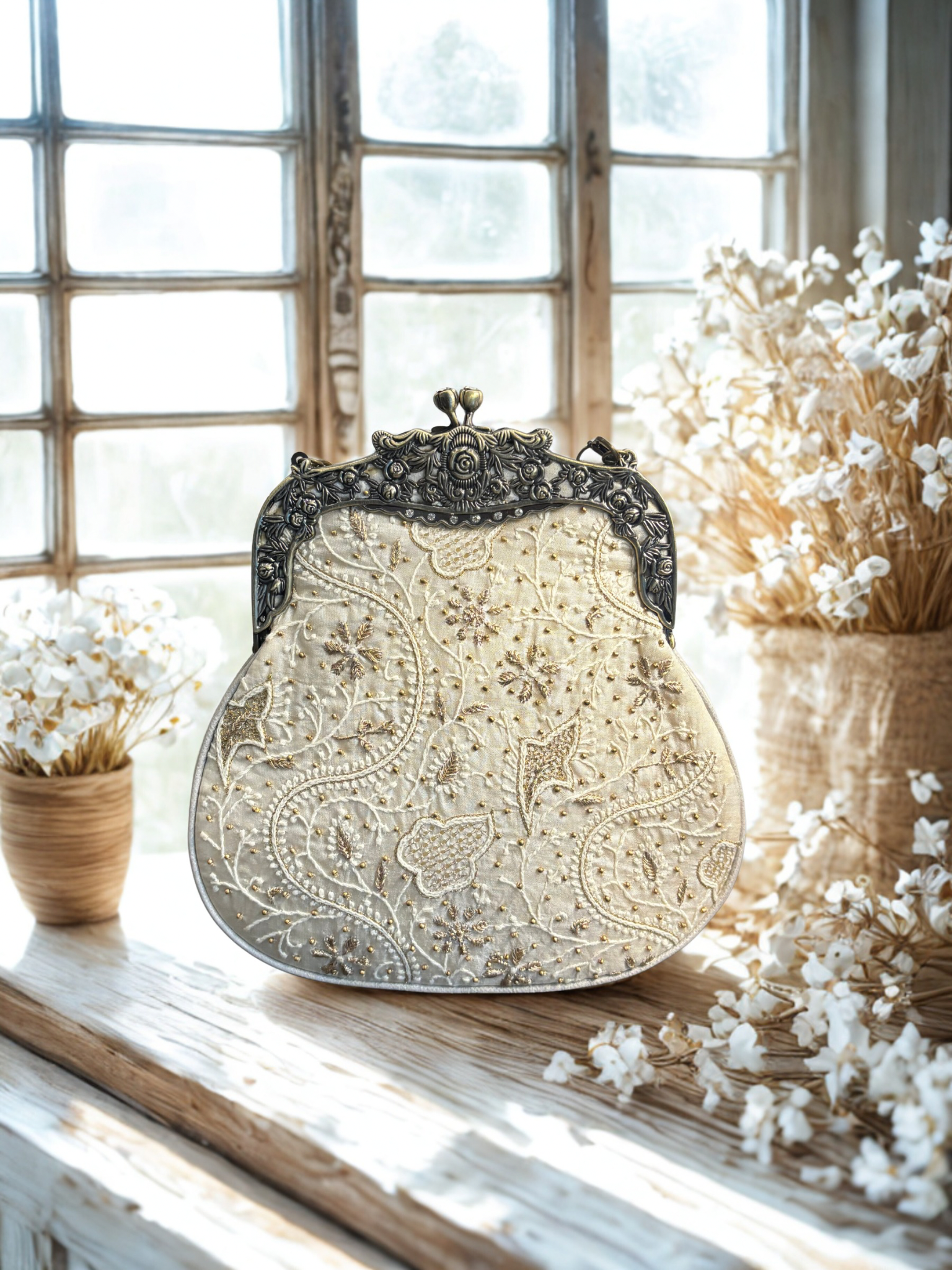 Ivory Silk Chikankari Clutch