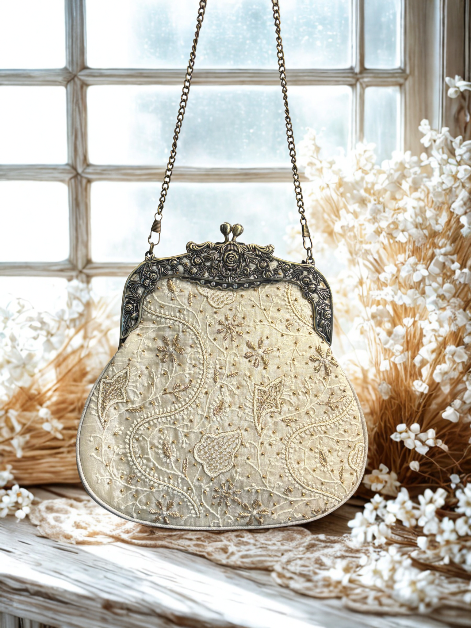 Ivory Silk Chikankari Clutch