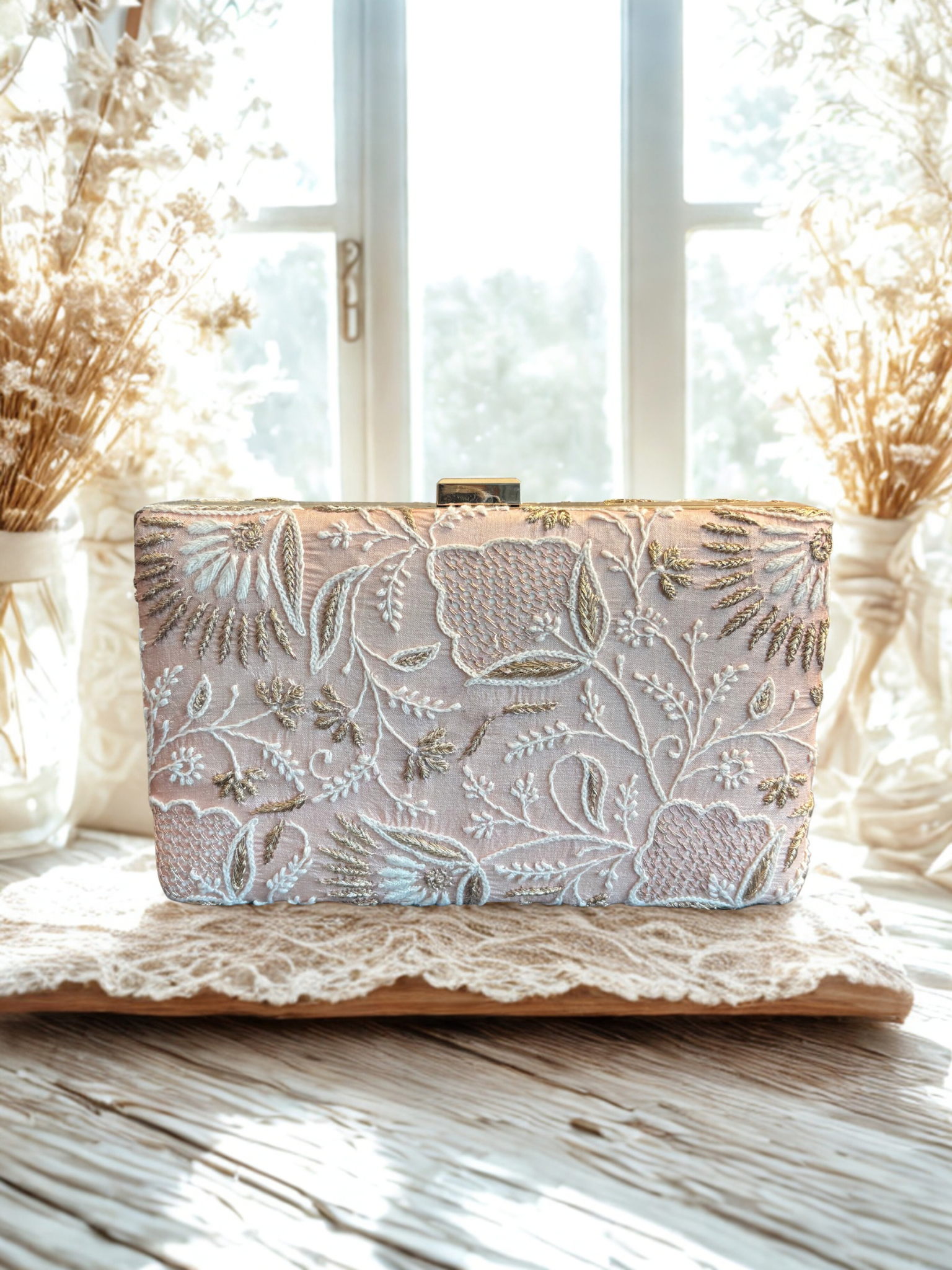 Peach Silk Chikankari Clutch