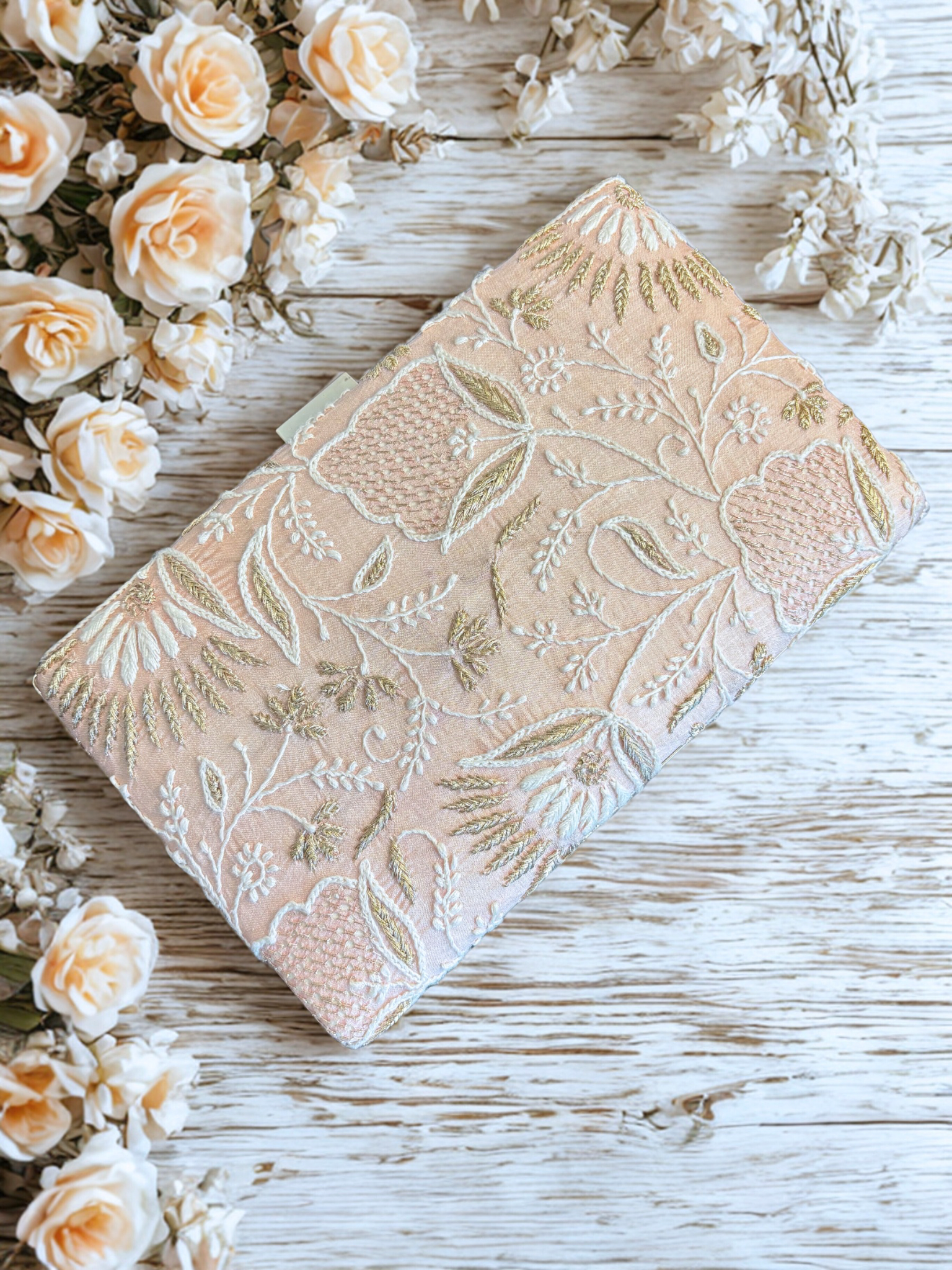 Peach Silk Chikankari Clutch