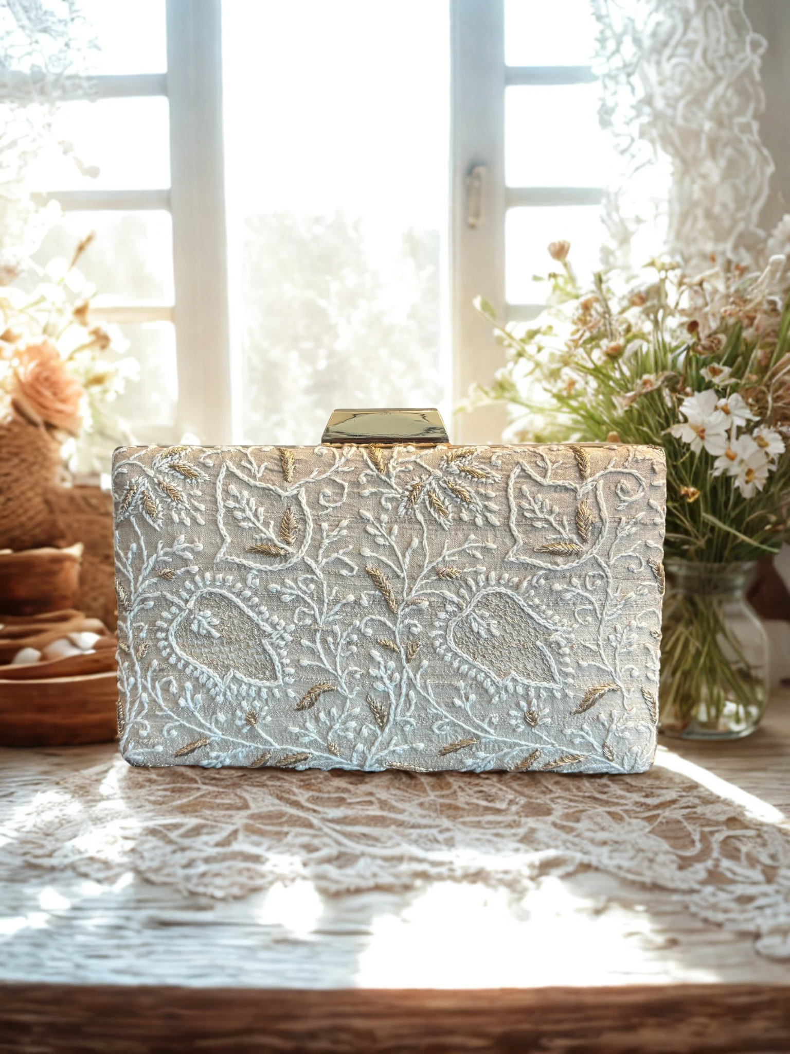 Beige Chikankari Clutch