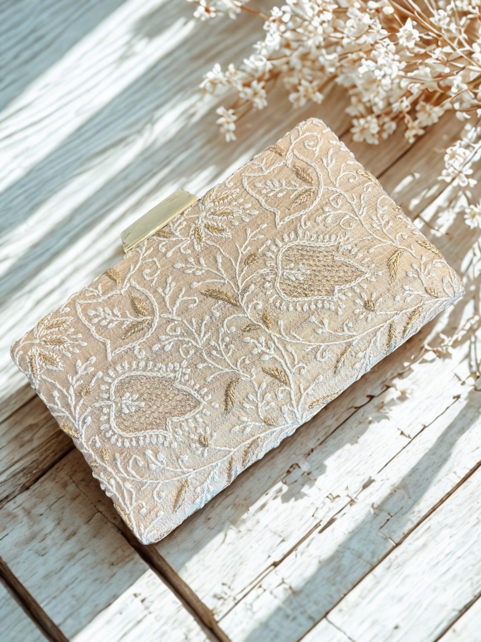 Beige Chikankari Clutch