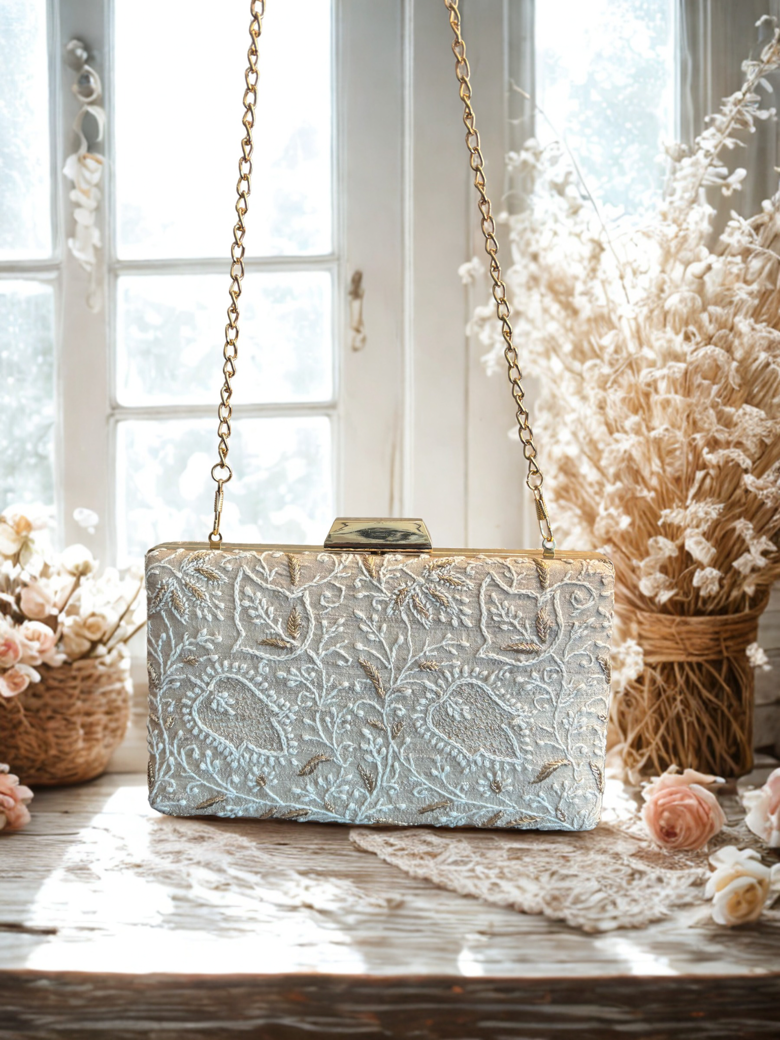 Beige Chikankari Clutch