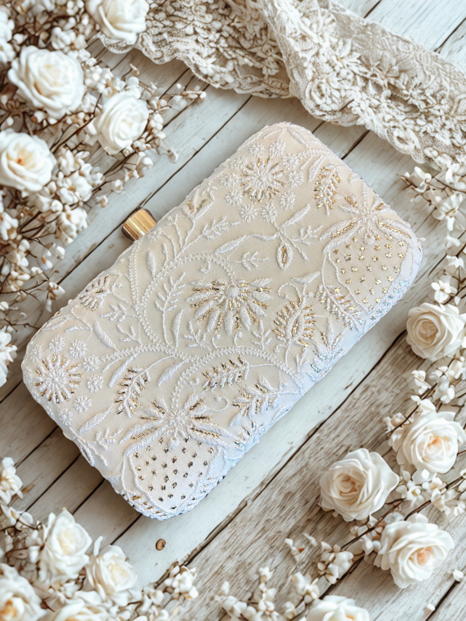 White Silk Chikankari Clutch