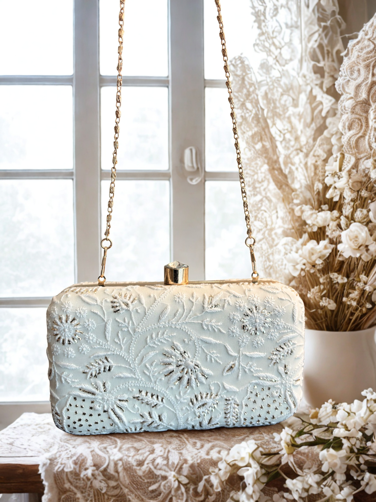 White Silk Chikankari Clutch