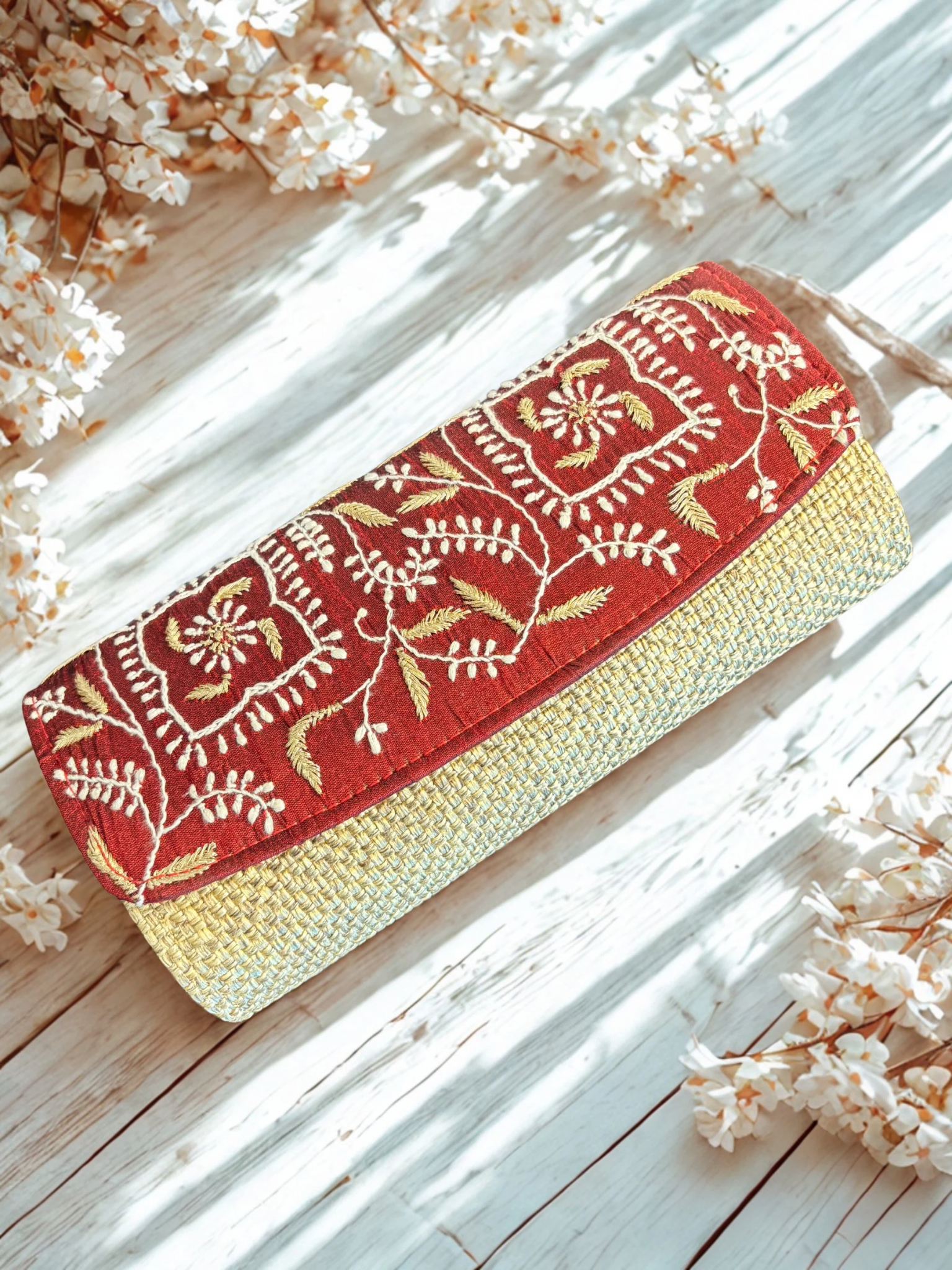 Cranberry Red Chikankari Clutch Jute  Bag