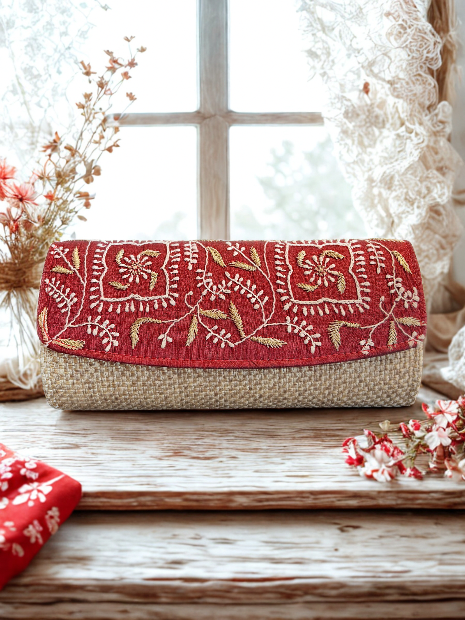 Cranberry Red Chikankari Clutch Jute  Bag