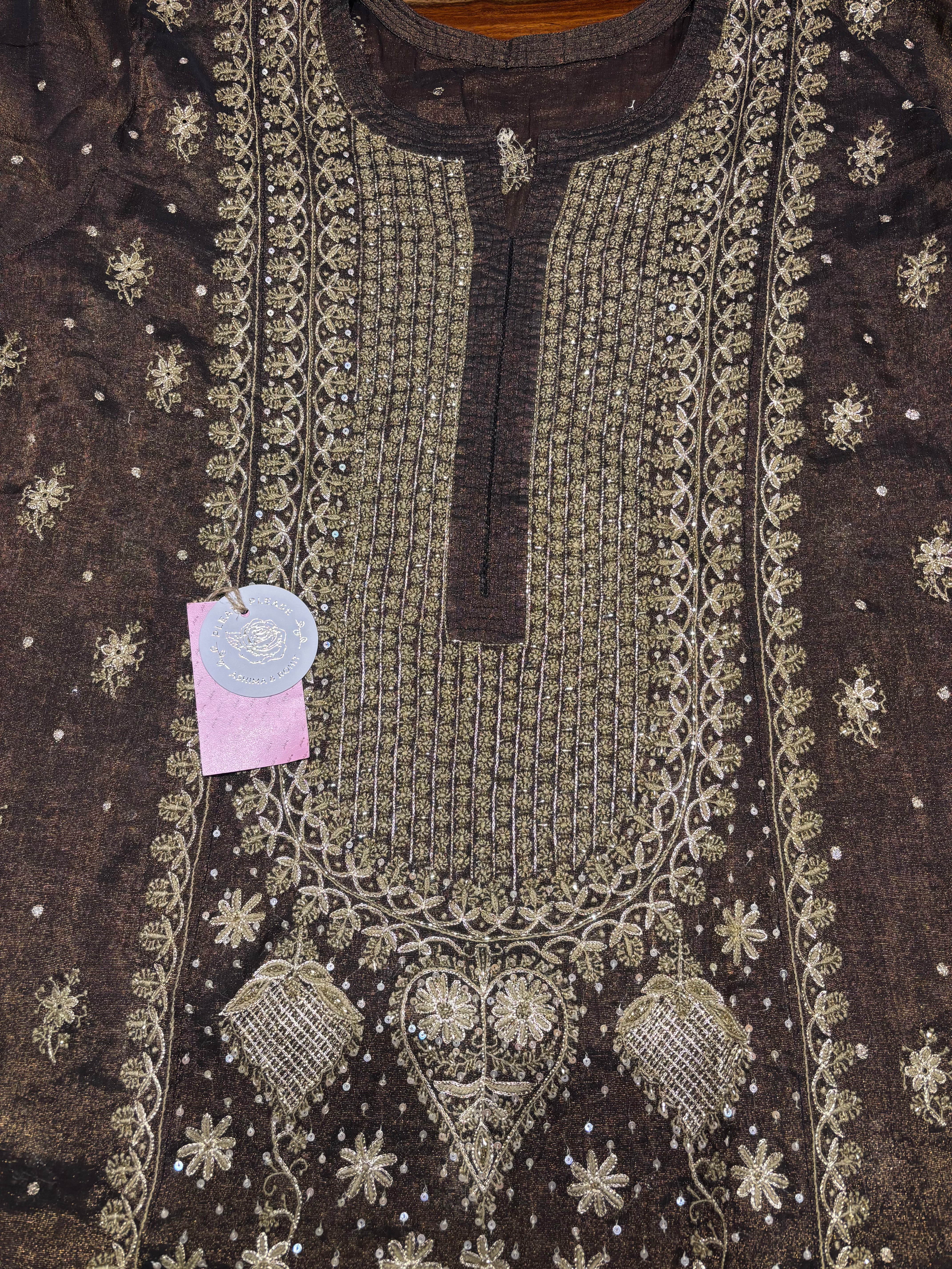 Coca Cola Chikankari Kurta & Dupatta – Elegant Brown Tissue Ensemble - Pleats PleaseChikankari