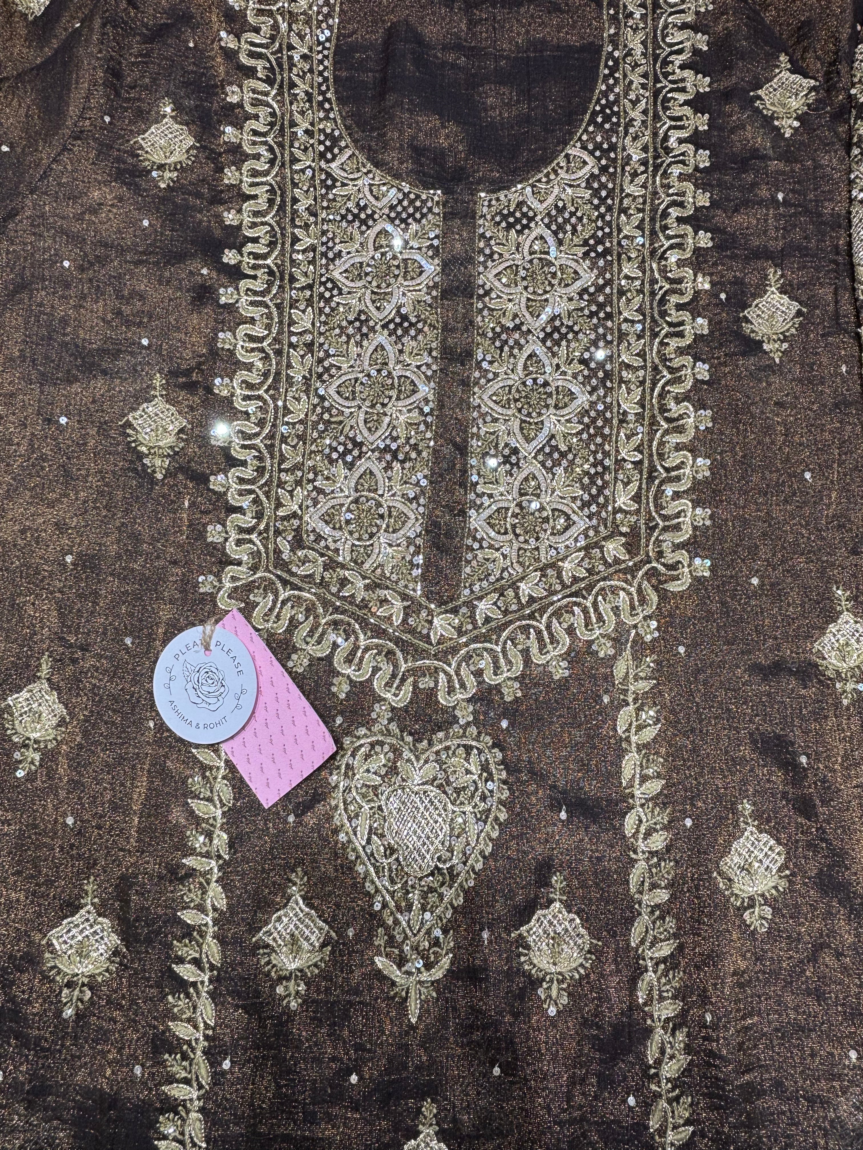 Coca Cola Brown Tissue Chikankari Kurta & Dupatta - Pleats PleaseChikankari