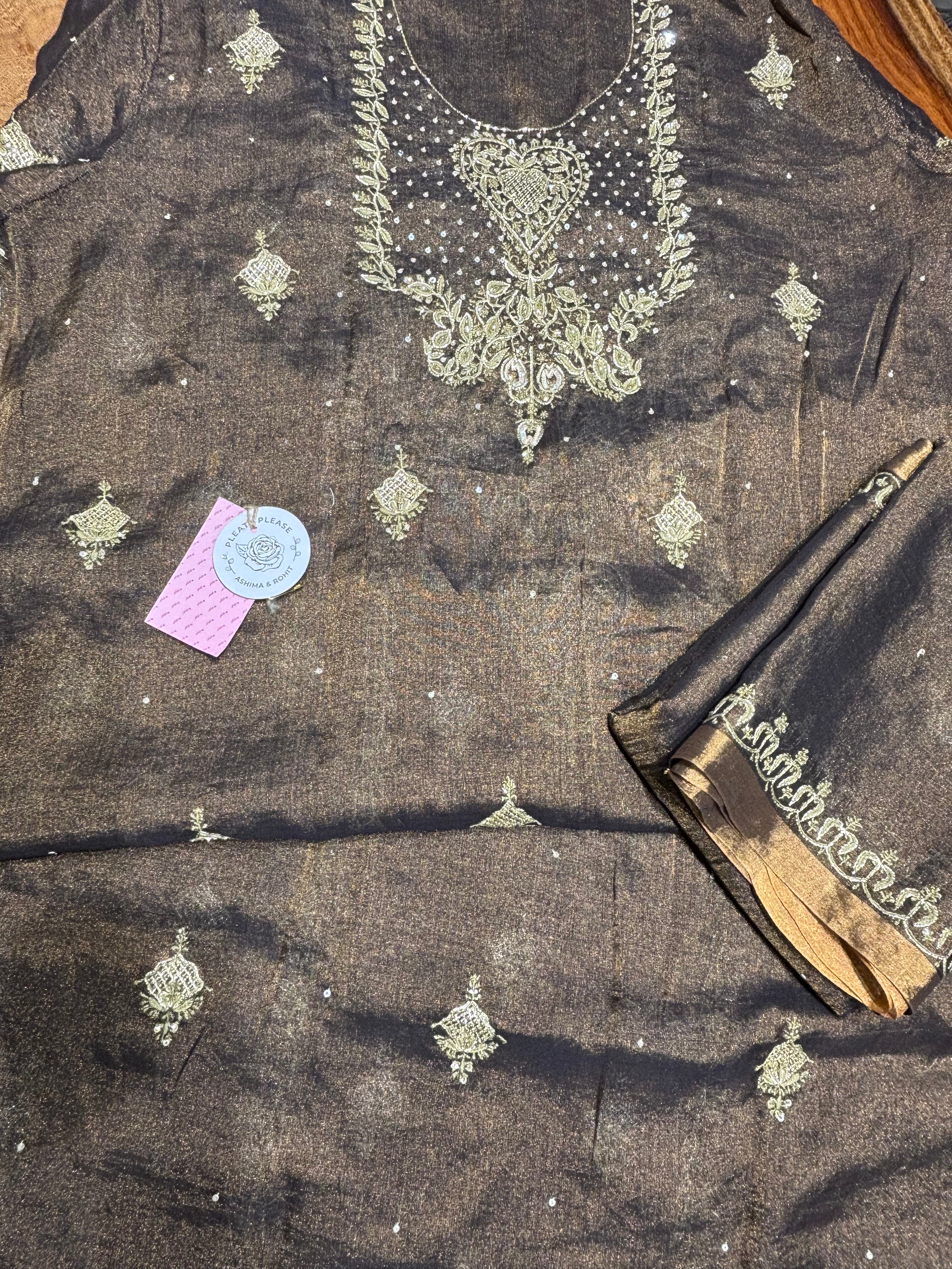 Coca Cola Brown Tissue Chikankari Kurta & Dupatta - Pleats PleaseChikankari