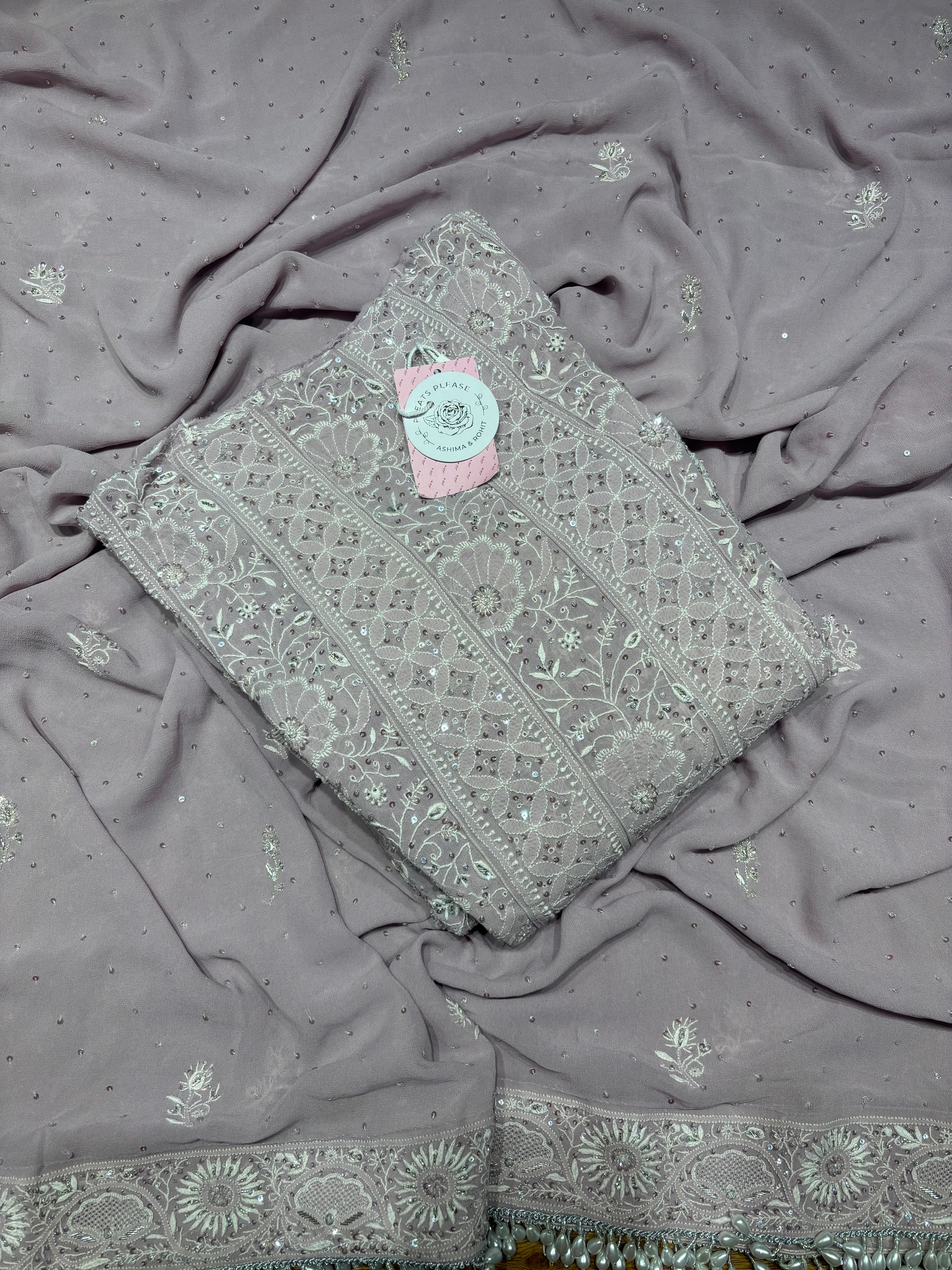 Lavender Latte Pure Georgette Chikankari Anarkali and Dupatta set